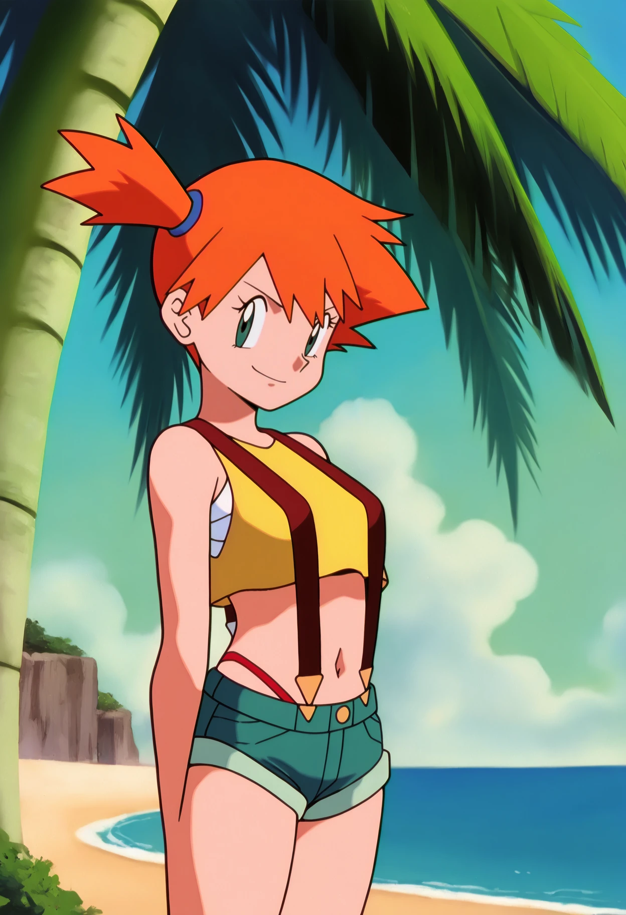 best quality, amazing quality, very aesthetic, absurdres,
BREAK
1girl, misty \(pokemon\), orange hair, side ponytail, yellow crop top, short shorts, thong, suspenders, looking at viewer, smirk, standing BREAK
sand, sea, blue sky, tropical island background, <lora:GundamWingNoobLocon_byKonan:1>