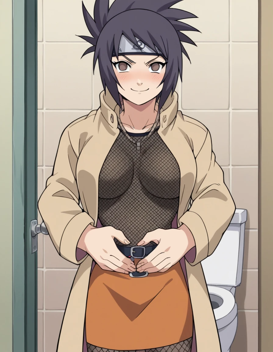 score_9, score_8_up, score_7_up, source_anime, <lora:anko-mitarashi-shippuden-ponyxl-lora-nochekaiser:1>, anko mitarashi, black hair, brown eyes, forehead protector, folded ponytail, large breasts, anime screepcap, blank eyes,, skirt, long sleeves, open clothes, belt, coat, fishnets, open coat, orange skirt, miniskirt, fishnet bodystocking, toilet stall, privacy, tiles, toilet paper, door, smile, hands on stomach, blush,, looking at viewer, solo,, cowboy shot, solo
