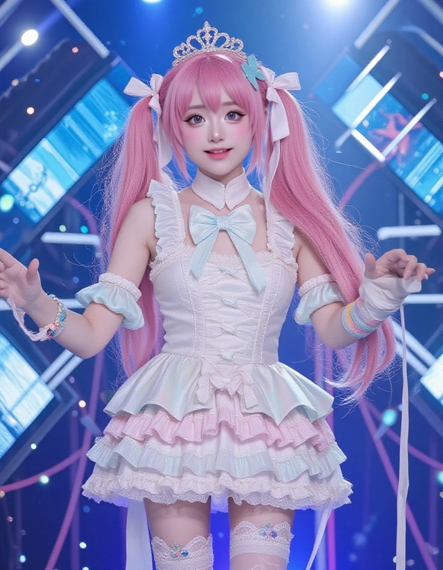 slim figure, femele, Pink idol costume, frilld, Ren Hao, bow ribbon, Katyusha, concert, stage, dance, realisitic, masutepiece, bangss, Junior High School, stright long hair,Dasmile