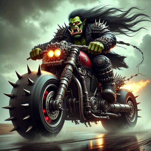 The image is a dramatic, detailed digital artwork depicting a dramatic, green-skinned orc riding a heavily modified motorcycle. The orc is dressed in a black leather jacket adorned with metal spikes, wild black hair and a menacing expression, covered in armor and mechanical enhancements. The rider has a grotesque, digital artwork depicting a futuristic, dark hair that blows wildly in the wind, giving it an otherworldly, sporting a wild mane of black hair and a mouth full of sharp teeth. He is adorned with a spiked helmet, a menacing expression