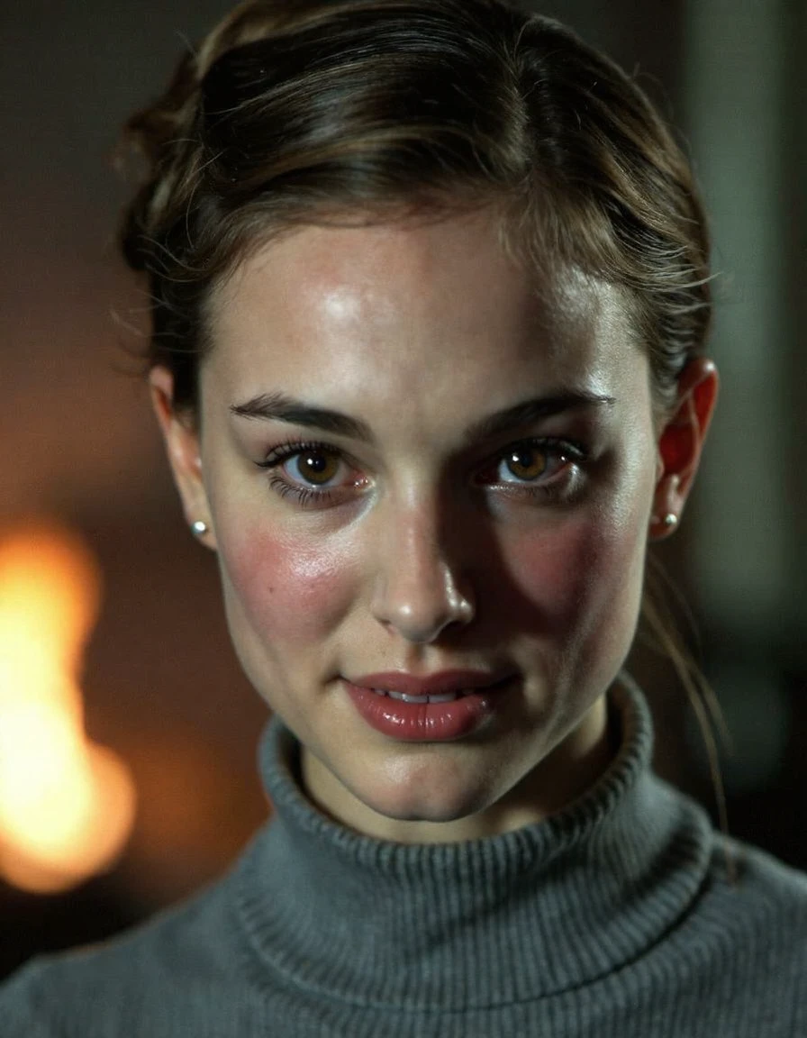 <lora:Natalie_Portman_Ca1999:1> woman Scene From The Film "A Quiet Place", extreme close-up, extreme macro shot, updo, afraid, backlight, background is abandoned factory, flaming torches, glow effects <Lora:zz_s_Chest_Size_Slider:-1> Staring Directly And Intently At Viewer, Looking Directly At Viewer, Looking At Viewer <Lora:zz_s_Fluxartis:0.55> A Highly Detailed Cinematic Photography.<Lora:zz_s_Stylish_Lighting:0.55>, Extreme Close-Up, Zoomed, Focus On Face, Centered, Macro Shot, Face Centered, Focus On Eyes, Looking Directly At The Viewer, Looking Directly At The Camera, Making Eye Contact, Looking Straight Ahead, <lora:zz_s_Chest_Size_Slider:-2> High Collar, Chest Covered, An Extremely Charismatic And Captivating Smile