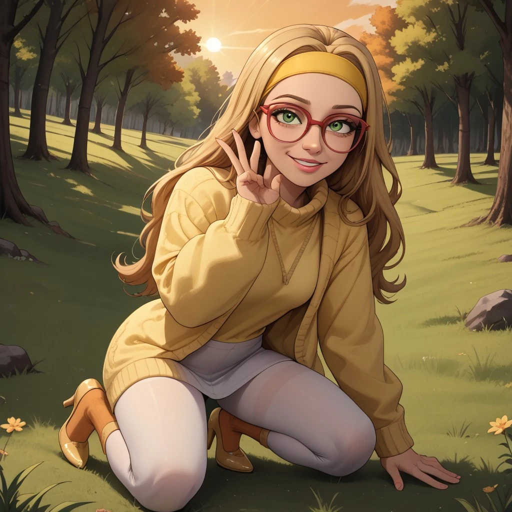 score_9, score_8, BREAK, solo, blonde hair, long hair, light green eyes, red glasses, yellow headband, pink lips, lipstick, yellow sweater, yellow shirt, grey leggings, orange socks, yellow high heels, breasts, Honey_Lemon_(Big_Hero_6), cute, sexy pose, self portrait, smile, outdoors, sunlight, shadows, evening lighting, natural lighting, forest, trees, grass, orange sky, sunset