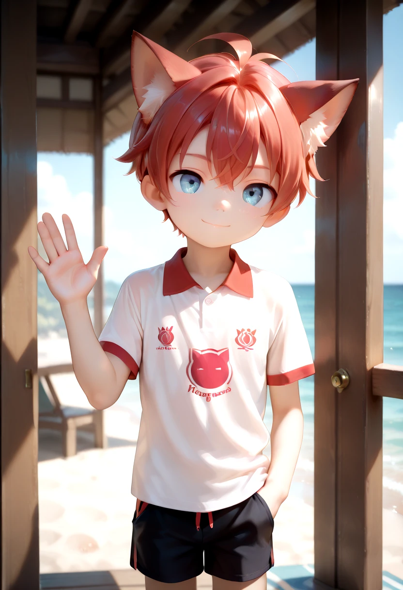 detailed eyes,beach, aki, 1boy, (crimson hair:1.2), white polo shirt, happy, male, male focus, closed mouth, blue eyes, cat boy, (red cat ears:1.2), looking at viewer,male, male focus, inside, corridors, petite, vivid colors, petite, cute, young, masterpiece, high quality, very_high_resolution, large_filesize, full color, detailed face, one hand in pocket, waving pose, shorts, <lora:tbr/cutifiedanimecharacterdesign_style_Illustrious_V10:1.0>