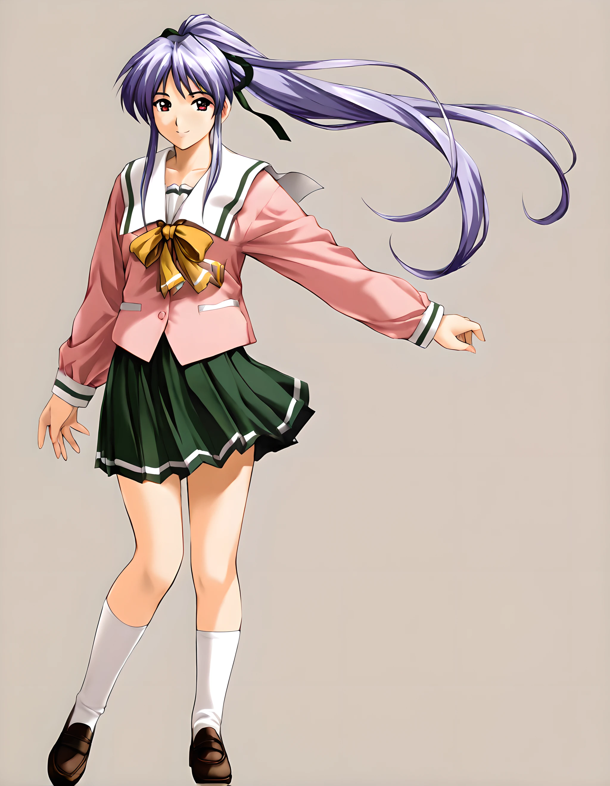 <lora:illustrious_XL_takabe_v2:0.8>,takabe,masterpiece,best quality,good quality,1girl,solo,school uniform,pink serafuku,green skirt,white socks,loafers,cowboy_shot,standing,smile,white_background,full body,