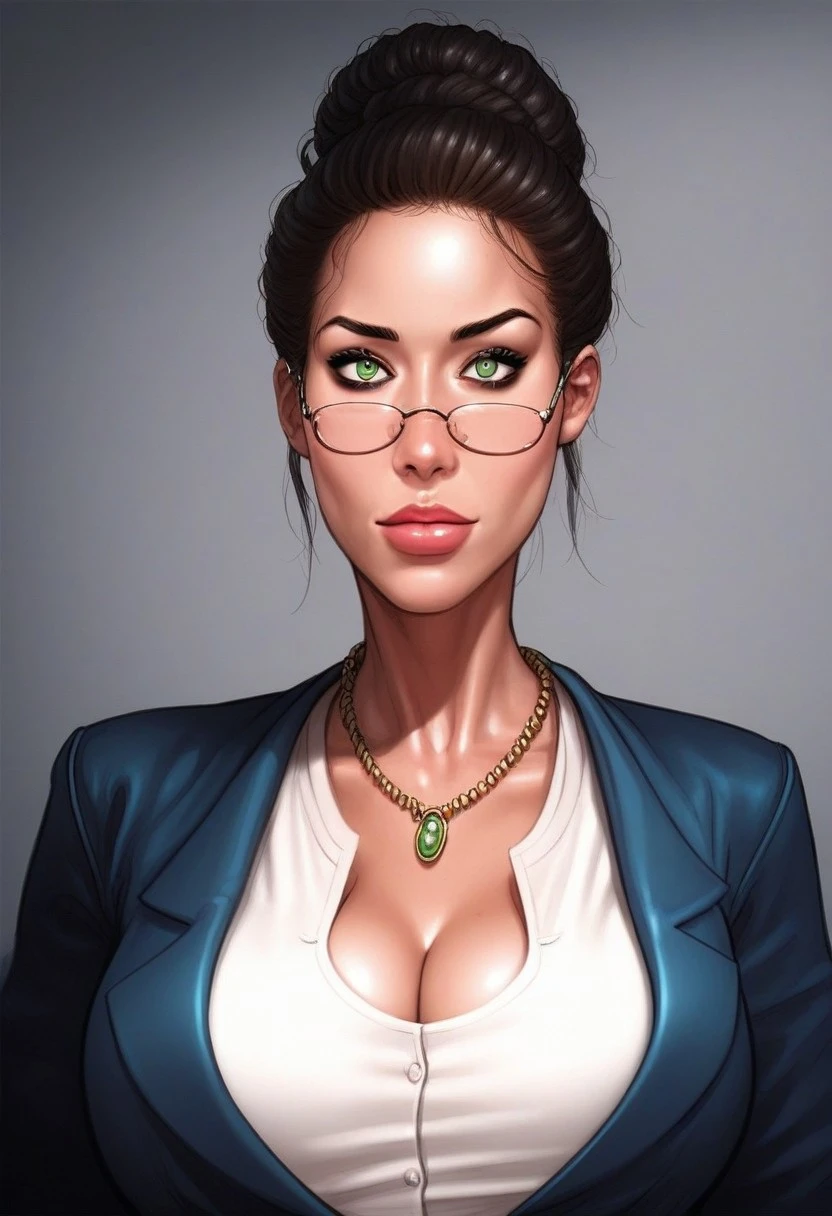 score_9, score_8_up, score_8, aoj_sr, source_cartoon, raw, realistic, 1girl, cowboy portrait, ms4ppl3, 1girl, brown hair,green eyes, hair in bun, white shirt, necklace, blue jacket, glasses,