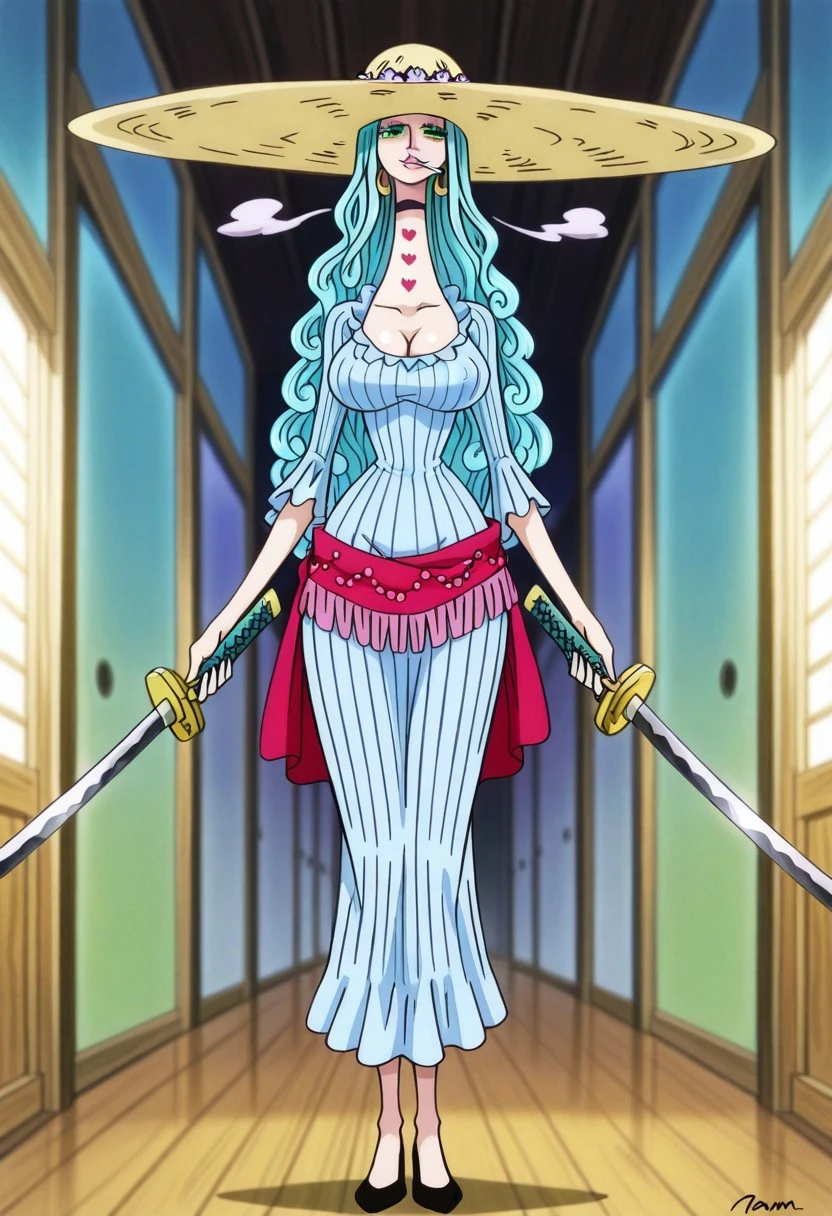 CharlotteAmandeOP, 1girl, solo, tall woman, slim woman, extremely pale woman, long hair, light blue hair, curled hair, green eyes, large lips, cigarette, cigarette smoke, cigarette in corner of her mouth, hooped earrings, hat with an extremely wide brim, cold and melancholic expression face, very long neck, tattoo on neck, stripe and two hearts tattoo, light blue dress, dress with vertical stripes, large breast, cleavage, red sash around her waist, black shoes, left-handed, weapon, katana,
seductive pose, sexy pose, tease,
detailed face,
beautiful aesthetic, very intricate, high quality details,vibrant, highly detailed, award-winning, professional,anime artwork, anime style, studio anime, athletic, curvy body, athletic girl, perky tits,large breast,perfect tits, round breasts, nipple outline, pinup pose,teasing, dynamic lighting, cinematic, smug, better than you, aura of temptation, highly detailed, high resolution, masterpiece, detailed clothes, detailed background, highly detailed, ((sound effects)) comic layout,
Smooth Negative, one_piece_wano_style