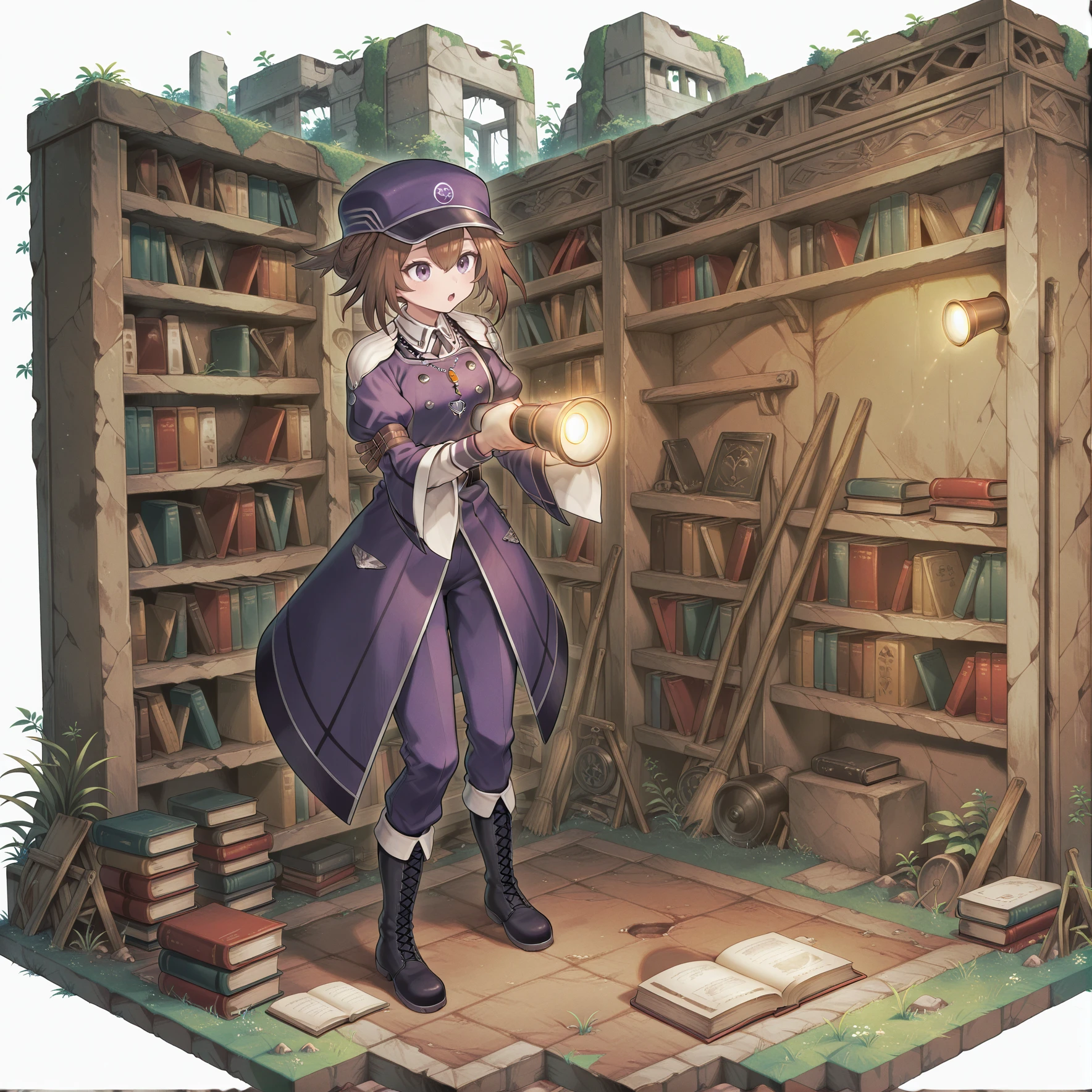 diorama,miniature,isometric,outdoors,white background,
1girl,exosister sophia,solo,holding flashlight,grass,library,book,ruins,flashlight,outdoors,full body,standing,open mouth,:o,purple cabbie hat,purple jacket,purple pants,black knee boots,orange pearl necklace,purple waist cape,white shirt,
masterpiece,best quality,amazing quality,very aesthetic,absurdres,newest,<lora:Isometric Concept illuXL v1.2:0.8>,<lora:Exosister irene and Sophia illuXL v1.1:0.74>,