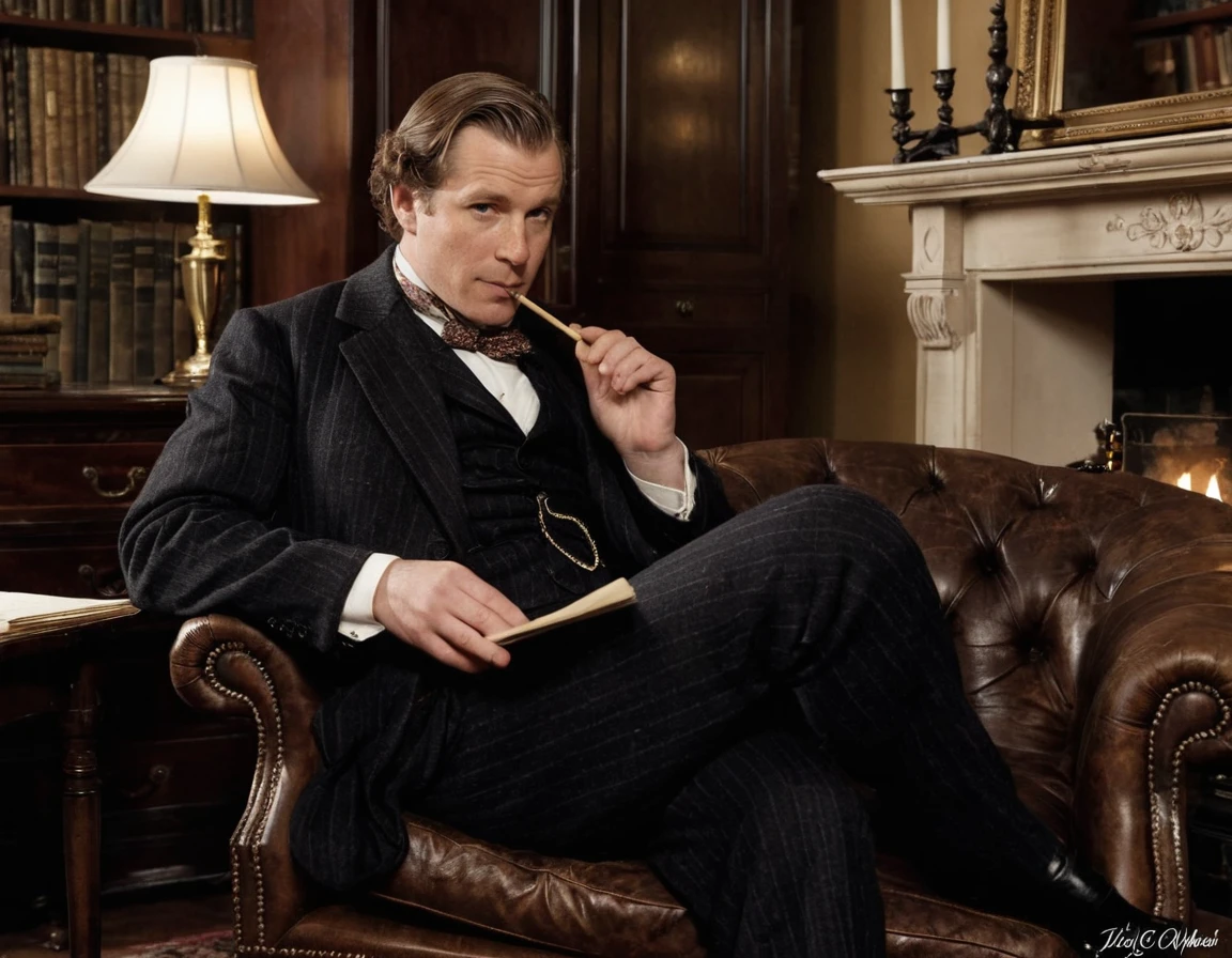Create a highly detailed, stylized realistic scene featuring the iconic Sherlock Holmes engaged in a pivotal moment from one of his classic novels. Set the scene in the dimly lit, Victorian-era drawing room of 221B Baker Street, with Holmes dressed in his signature attire: a tailored tweed suit, a crisp white shirt, and a patterned cravat. His sharp, hawk-like features should be meticulously rendered, capturing his intense, focused gaze and the slight smirk that hints at his superior intellect.
Holmes should be depicted in the midst of a critical deduction, perhaps examining a mysterious artifact or studying a cryptic note under the soft glow of a vintage gas lamp. The room should be filled with the clutter of his eccentric geniusâstacks of books, chemical apparatus, and pinned maps on the walls. A faint haze of tobacco smoke should hang in the air, emanating from his ever-present pipe.
Dr. John Watson should be present in the background, seated in a plush armchair, observing Holmes with a mix of admiration and bemusement. Watson's clothing should be more conservative, reflecting his military background and sensible nature. The interplay between the two characters should be palpable, with Watson's loyal gaze contrasting with Holmes's intense concentration.
The overall mood should be one of intrigue and intellectual tension, with the soft, warm lighting from the gas lamps and fireplace casting dramatic shadows and highlighting the textures of the Victorian decor. The scene should evoke a sense of timeless mystery and the unraveling of a complex enigma, capturing the essence of a classic Sherlock Holmes investigation, realistic skin with FRECKLES,ultra photorealistic, photorealism, taken with hasselblad H6D 100c, the HCD 24mm lens, (DOF:1.4), sharp focus, (perfect real extreme detail), amazing fine detail, absurdres, hyper realistic lifelike texture, dramatic lighting, film grain texture, leogirl, paparazzi photo,