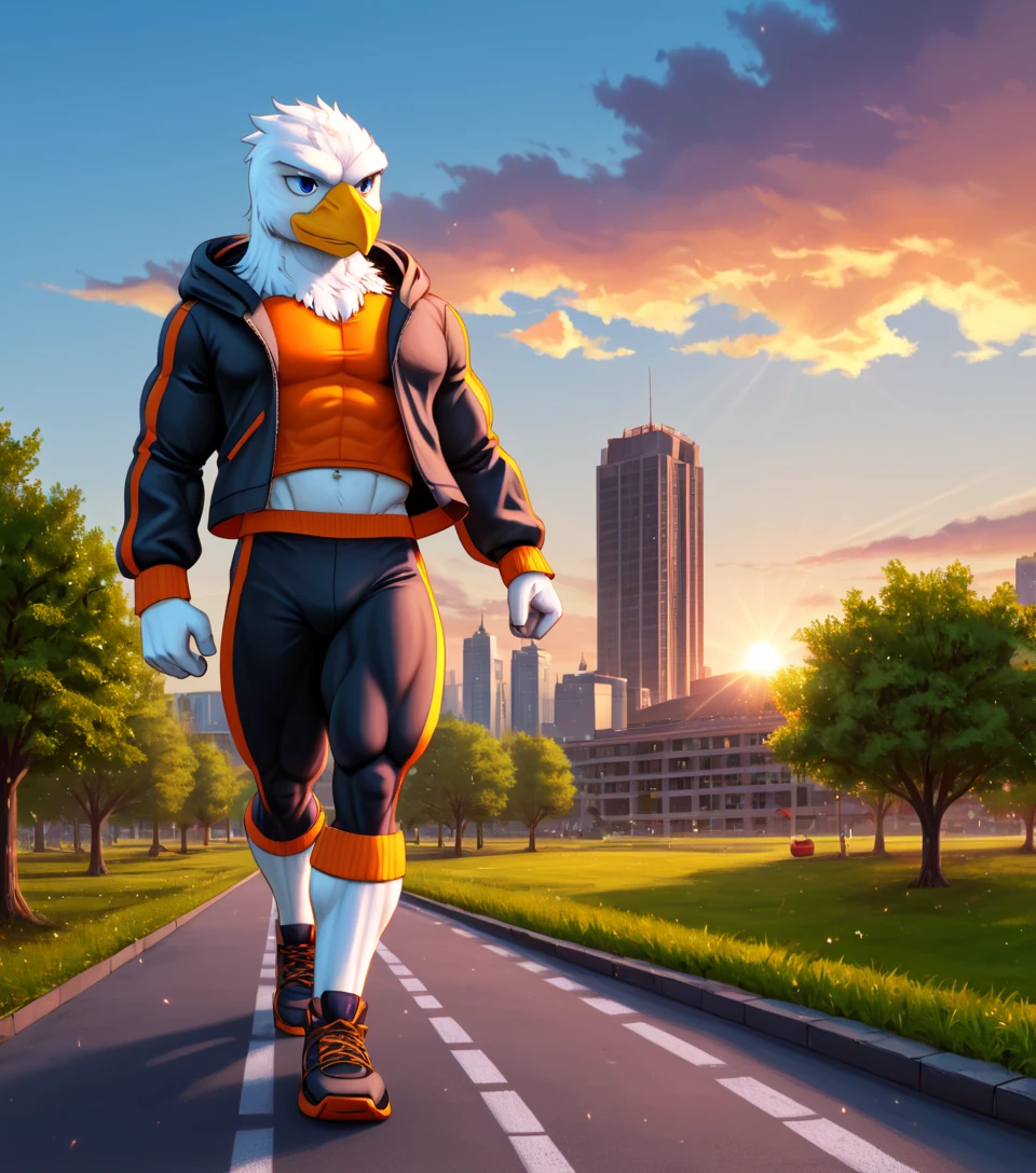 masterpiece, best quality, newest, absurdres, highres, furry, perfect anatomy, score_9, score_8_up, score_7_up,
8K, In'ei, chiaroscuro, volumetric lighting, cinematic lighting, cinematic shot, masterclass Z brush render, photographic realism, 8K CGI render, absurd details, masterclass CGI render, masterclass screenshot, subsurface reflections, subsurface light, subsurface light scattering,
<lora:Adlerian_(Pony)_(AD):0.85> Adlerian, eagle, Adleria, skyscrapers,
exterior, scenery, soft detailed anime background, soft detailed anime clouds, skyscrapers, vibrant morning blue sky with detailed anime clouds, brisk chilly morning, jogging on a steep angled path in the city park,
impressive physique, peak physical condition, eagle beak, eagle feathered head, jogging, jogger outfit, midriff peak, hooded light jacket,
EZRealPONYXL, zPDXL, Smooth Quality,