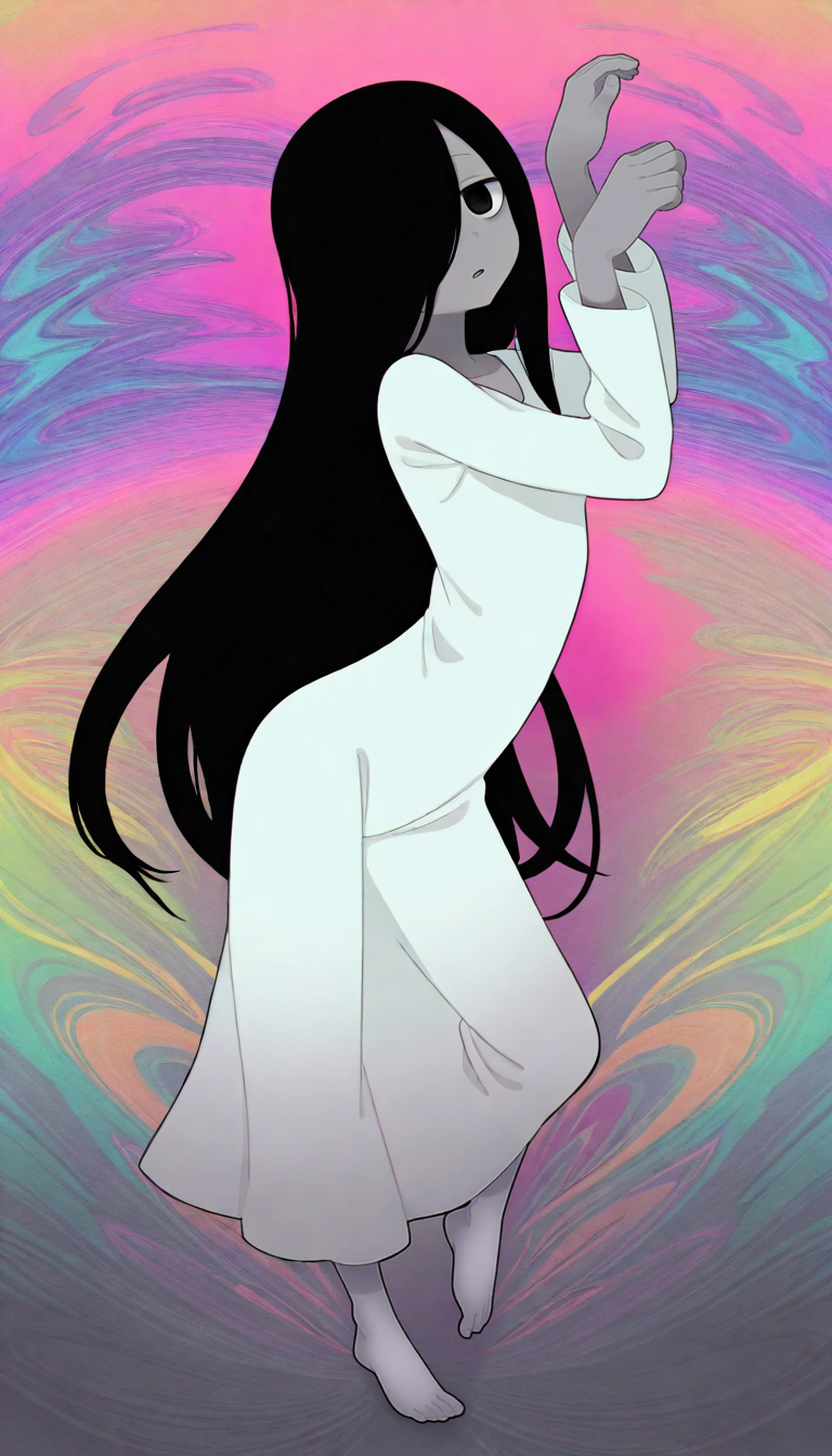 neon color, [realistic,3d::0.1], (perspective:1.3),
cute,1girl, yamamura sadako,straight hair,long black hair, hair over one eye,swept bangs,black eyes, [flat chest:small breasts:0.7], gray skin, skinny
(white spooky dress:1.3),simple dress, long sleeves,barefoot, (leaning to the side:1), (from above,from side:1.2),expressionless, parted lips, looking at viewer, (contrapposto:1.4),(ballet:1.1)
ghost pose, one leg up,(jitome:0.7),parted lips,
[(watercolor \(medium\):1.3):0.2]
rainbow gradient,(Psychedelic background:1.6),
best quality, very aesthetic, absurdres,
<lora:DobunezuMix-Illustrious:0.3>,<lora:Psychedelic:0.9>,