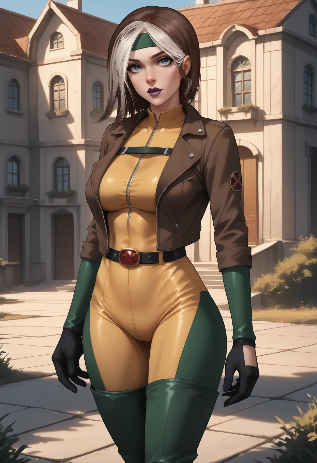 score_9, score_8_up, score_7_up, score_6_up, score_5_up, masterpiece, best quality, high detail, <lora:NM_tnh_rogue:1>, BREAK NM_tnh_rogue, 1girl, solo, blue eyes, multicolored hair, two-tone hair, brown hair, white hair, breasts, large breasts, lips, makeup, lipstick, purple lips, battle_out, headband, skin tight, leather, bodysuit, yellow bodysuit, green bodysuit, jacket, brown jacket, cropped jacket, open jacket, gloves, belt, boots, thigh boots, thighhighs boots, looking at viewer, BREAK <lora:nm_fitbutt_v2:1>, nm_fitbutt, ass, back view, looking back, ass focus,