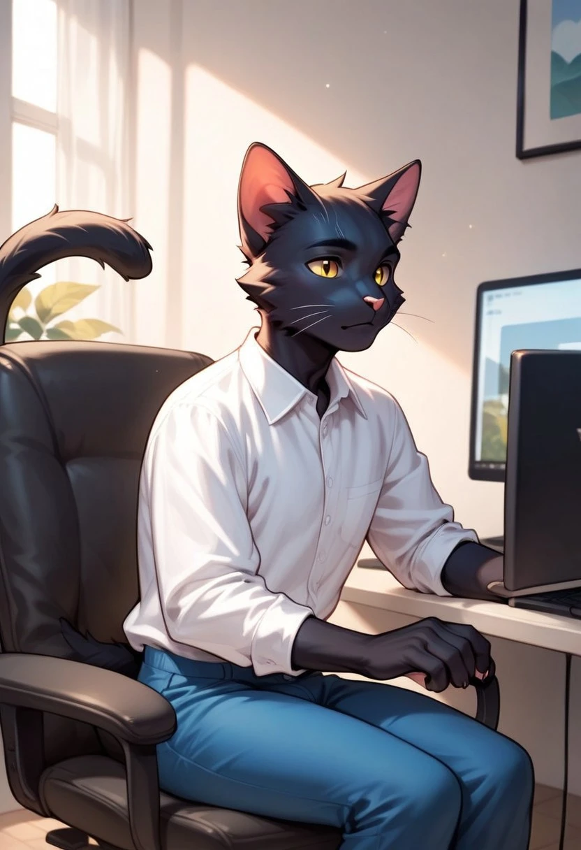 score_9, score_8_up, score_7_up, source_furry, source_cartoon BREAK 1boy, solo, anthro, furry male, k3k, black fur, yellow eyes, pink nose, cat tail, cat ears, white shirt, blue pants, sitting, on chair, at computer, computer, monitor, computer mouse