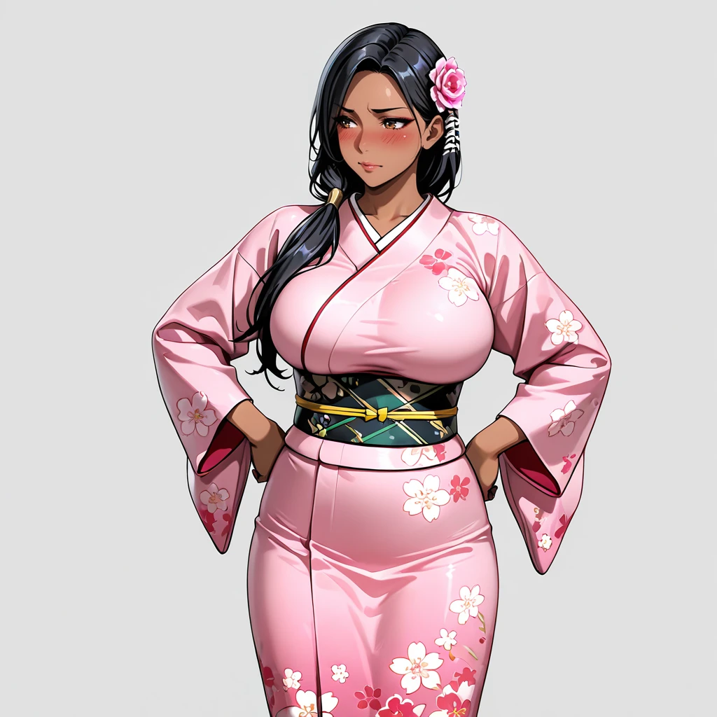 <lora:Jade_illustrious_v1:.8>Jademk9, 1girl, solo, large breasts, long hair, dark skin, dark-skinned female, black hair, hands on hips, cowboy shot,, japanese clothes, kimono, hair ornament, blush, hair flower, pink kimono, sash, obi, floral print, wide sleeves