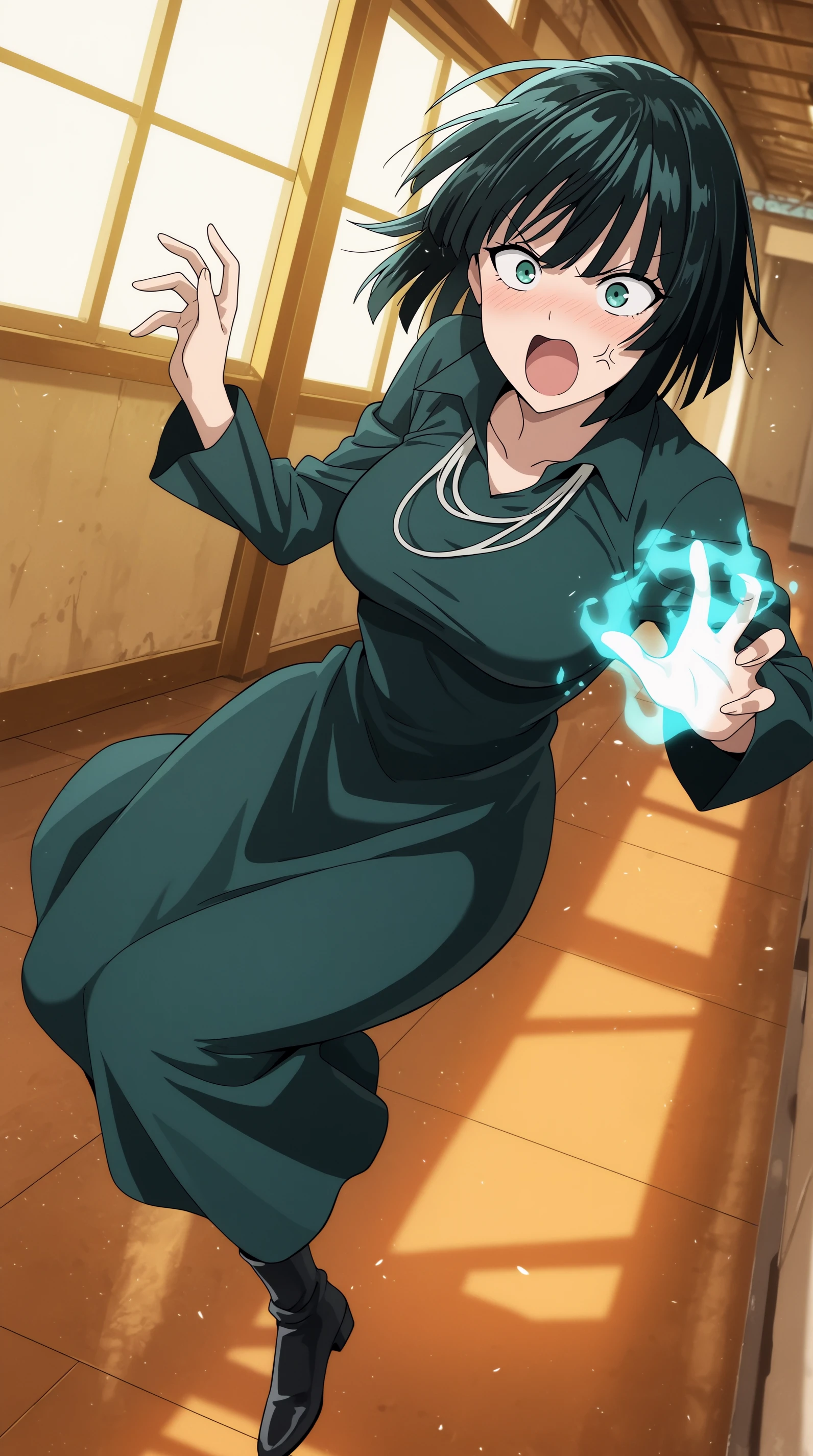 masterpiece, best quality, indoors, cinematic lighting, amazing quality, very aesthetic, absurdres, best quality, 4k, upscale, Fubuki, Main Outfit, solo, open mouth, angry vein, tsundere, angry, blush, telekinesis, outdoors, levitating, full body, <lora:JN_Fubuki_Illus:0.8>