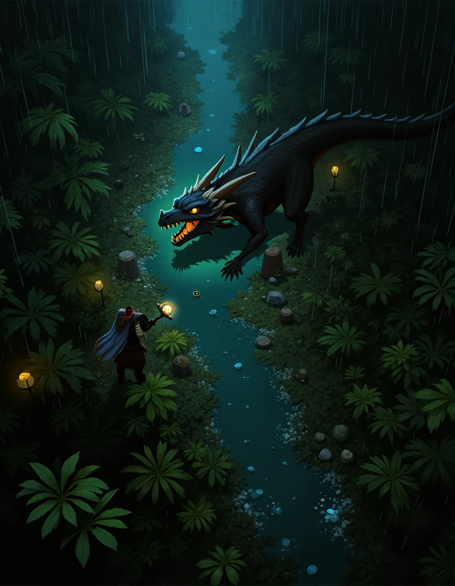 top-down view over the shoulder of a paladin reaching for a magical hammer ina mystical forest, glowing plants, dark shadows hiding jungle creatures, heavy rain, in fight with dragon