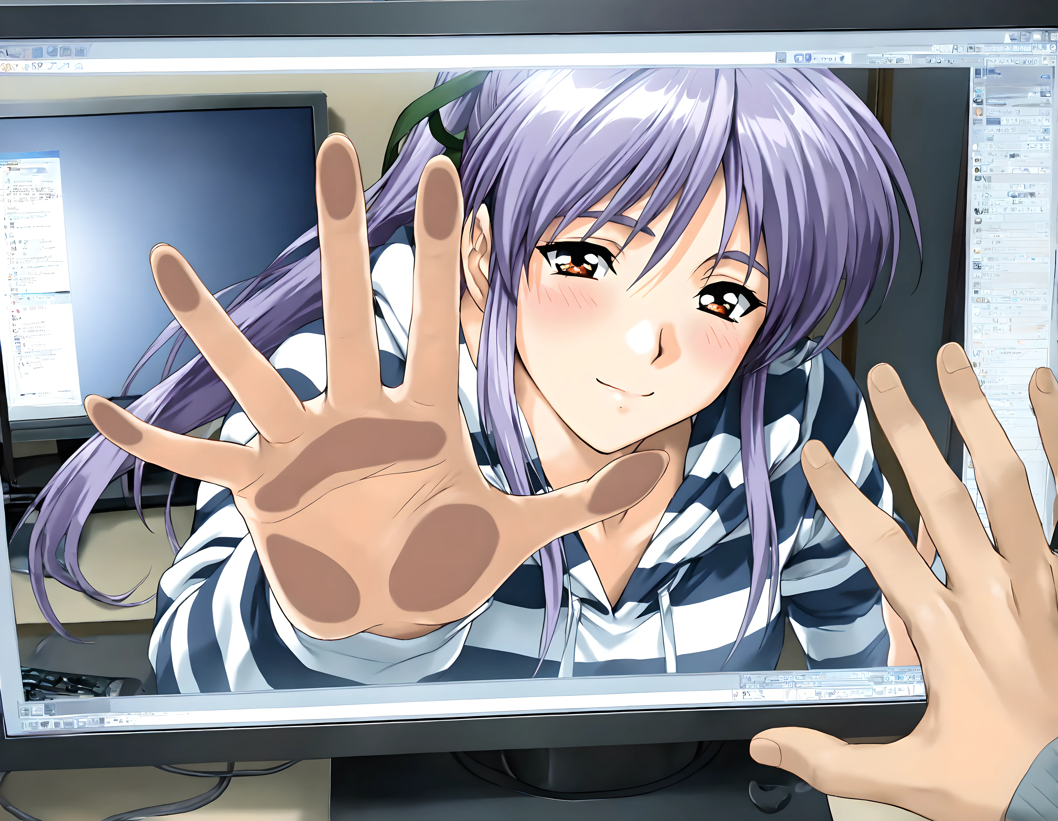 <lora:illustrious_XL_takabe_v2:0.8>,takabe,masterpiece,best quality,good quality,1girl,solo,hoodie,blue and white stripes shirt,long sleeves,smile,kind_smile,light_blush,upper_body,looking_at_viewer,girl on monitor,computer monitor,against fourth wall,pov hands,hands-on with the viewer across the screen,