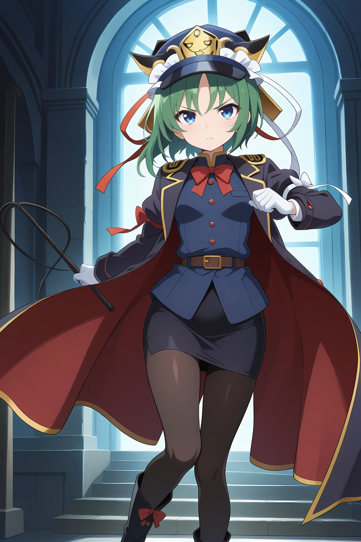 absurdres, highres, masterpiece, best quality, amazing quality, official anime artwork, screencap, anime screencap, looking at viewer, serious, dynamic pose,
<lora:Eiki-Shiki-Yamaxanadu_Illustrious:1> shiki eiki, 1girl, solo, green hair, blue eyes, short hair, small breasts,, shiki eiki \(underground waste ward depot master\), alternate costume, belt, black footwear, peaked cap, vinous vest, black pantyhouse, vinous coat, gloves, long sleeves, open clothes, open coat, v-shaped eyebrows, vest, white gloves, dark blue pencil skirt, whip stick, military uniform, boots, neck bow, military ribbon, vinous bow,