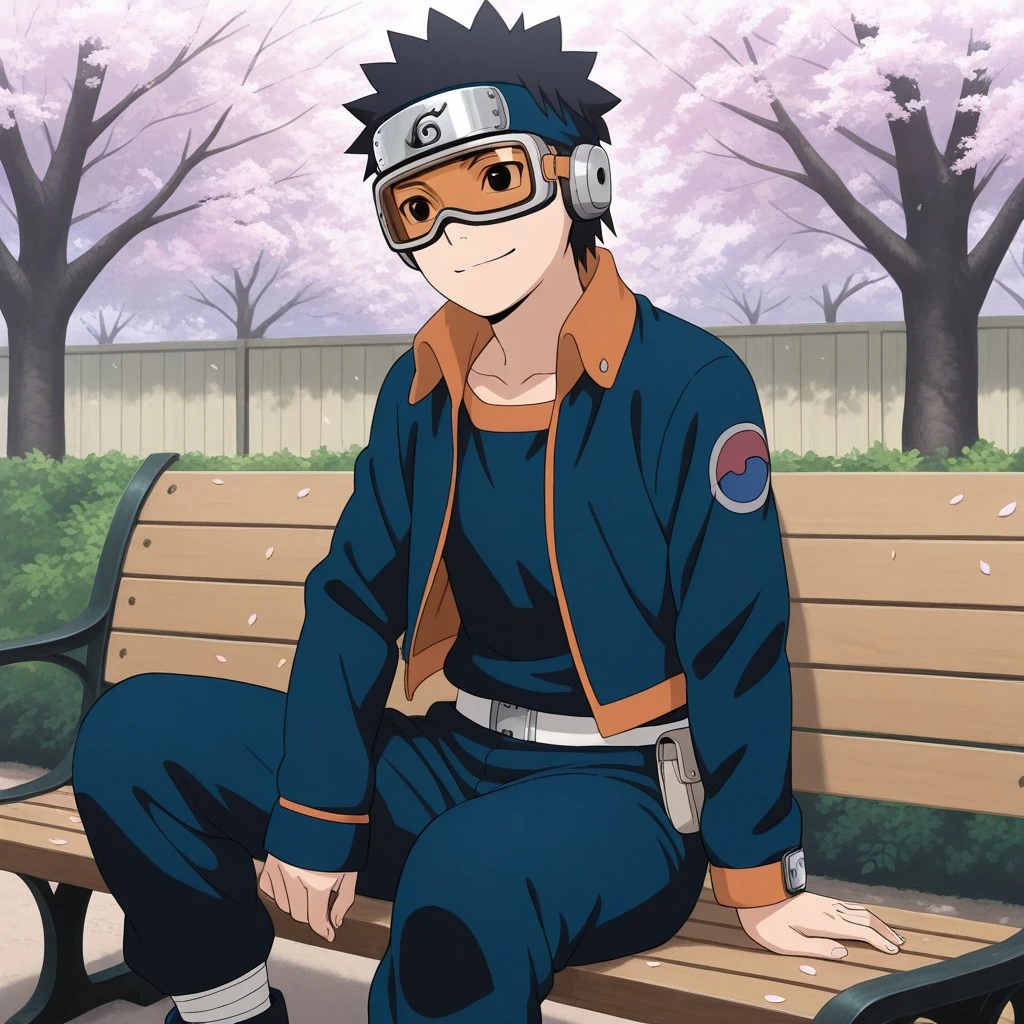 masterpiece, best quality, solo, break, obito_genin, 1boy, black hair, short hair, goggles, forehead protector, konohagakure symbol, jacket, open jacket, sitting, bench, cherry blossoms, smile