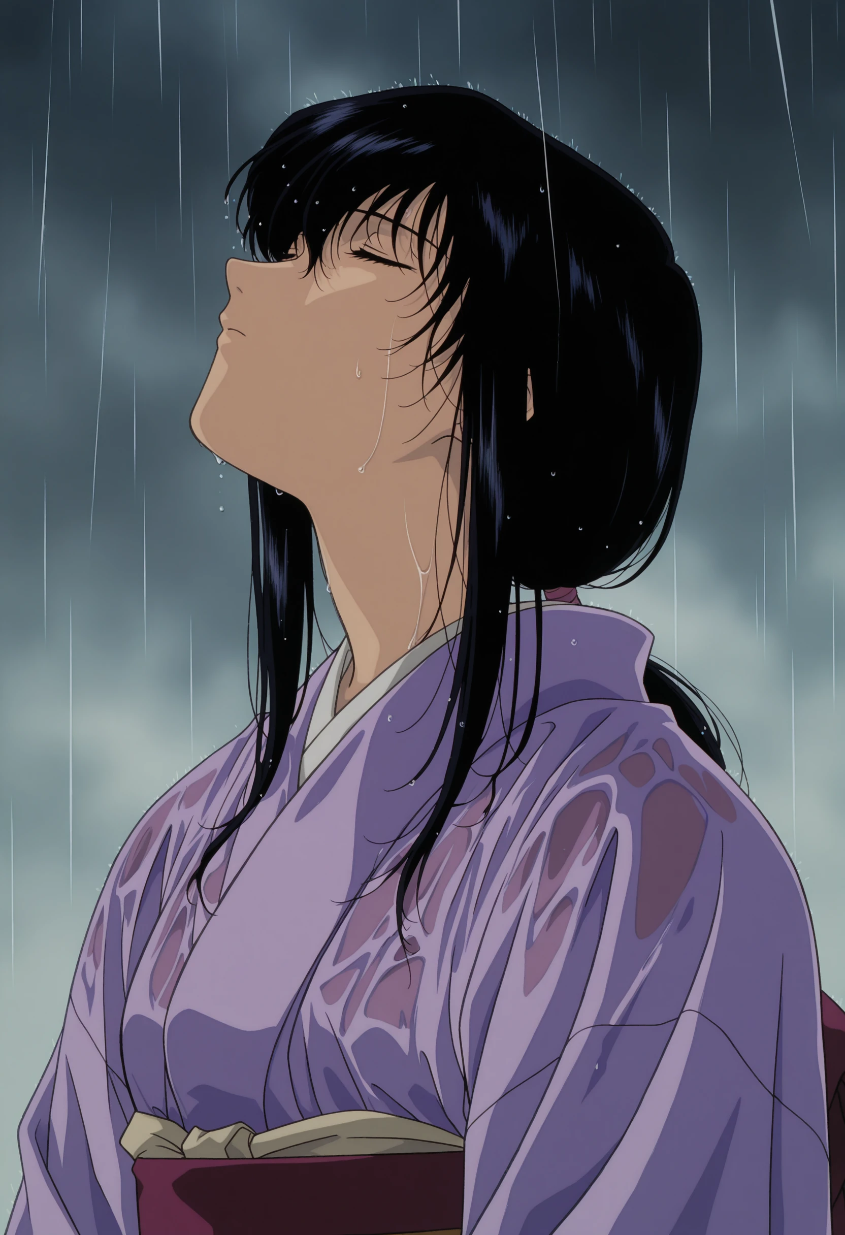 masterpiece, best quality, very aesthetic, absurdres,
yukishiro tomoe, 1990s \(style\), 1girl, solo, black eyes, long hair, black hair,japanese clothes, purple kimono,
facing up, rain, wet hair, closed eyes,wet clothes,