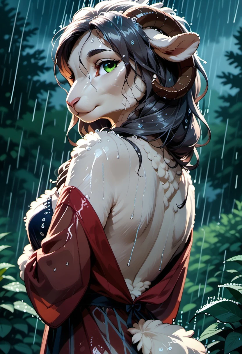score_9, score_8_up, score_7_up, a Beautiful furry sheep Woman dancing in Rain, from behind, looking over shoulder, eye focus, looking at viewer