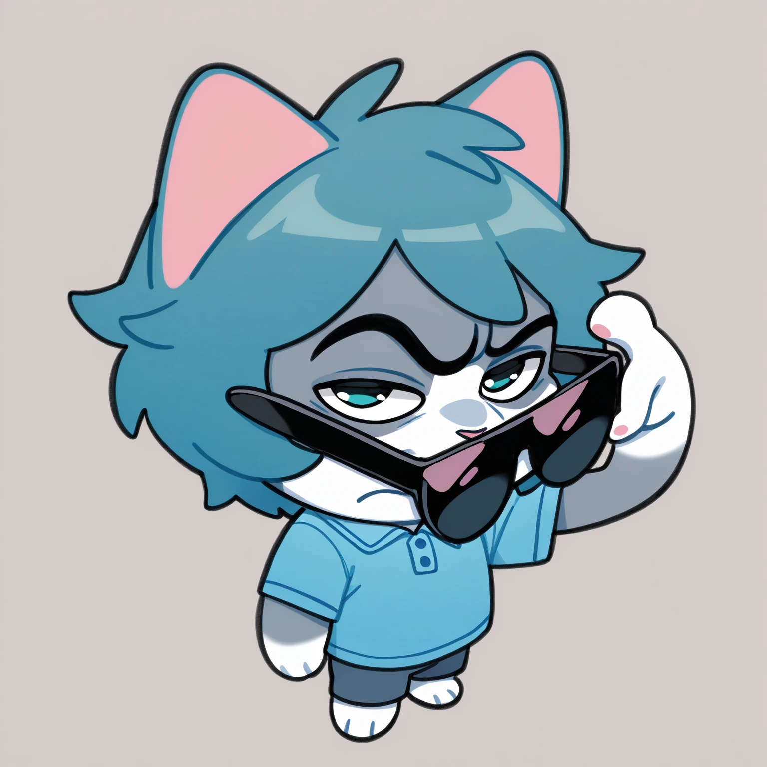 masterpiece, best quality, amazing quality, very aesthetic, high resolution, solo
Sima-vkstickrs, furry, chibi, male, teal hair, gray fur, cat ears, light blue polo shirt, mikus-concept, sunglasses, standing, confident pose, full body raised eyebrow, <lora:sus-guy-il:1>
<lora:Sima-vkstickrs_il:1>