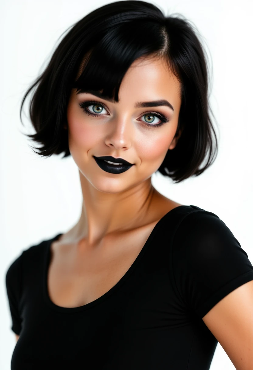 profile headshots,photoshoot poses, She is approximately 18 yearss old, dynamic angles, multiple angles,She is looking at the camera, photoshoot poses; A photo of Mavis_real, wearing a black shirt and black lipstick,short hair, is posing for the camera with a smile on her face. simple white background. Style: realistic hyper-detailed rendering, 32k UHD, expressive eyes, punk, graphic design, girl's face, pretty and cute, gleaming lips, telling a tale of adventure. Exuding confidence and serenity. The overall mood of the image is happy and relaxed,detailed skin texture,(blush:0.2),(goosebumps:0.3),subsurface scattering,with a playful and whimsical tone, perfect hands, detailed hand,aidmafluxpro1.1, retro50s_style, looking at the camera,looking at the camera,looking at the camera,looking at the camera,
