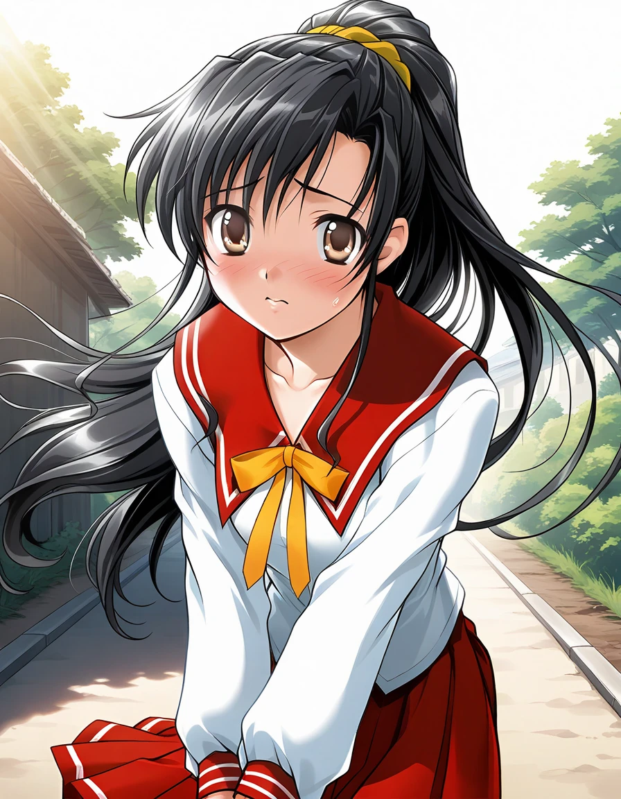 masterpiece, best quality, official art, amazing quality, ultra highres, very aesthetic, highly detailed, intricate,
1girl, solo, akira, black hair, brown eyes, beautiful detailed eyes,
akira_school_uniform, serafuku, red skirt, yellow ribbon, BREAK
panicking, looking at viewer,
standing, outdoor, cowboy shot, highly detailed
<lora:mizusima akira v1.0-000016:1>
