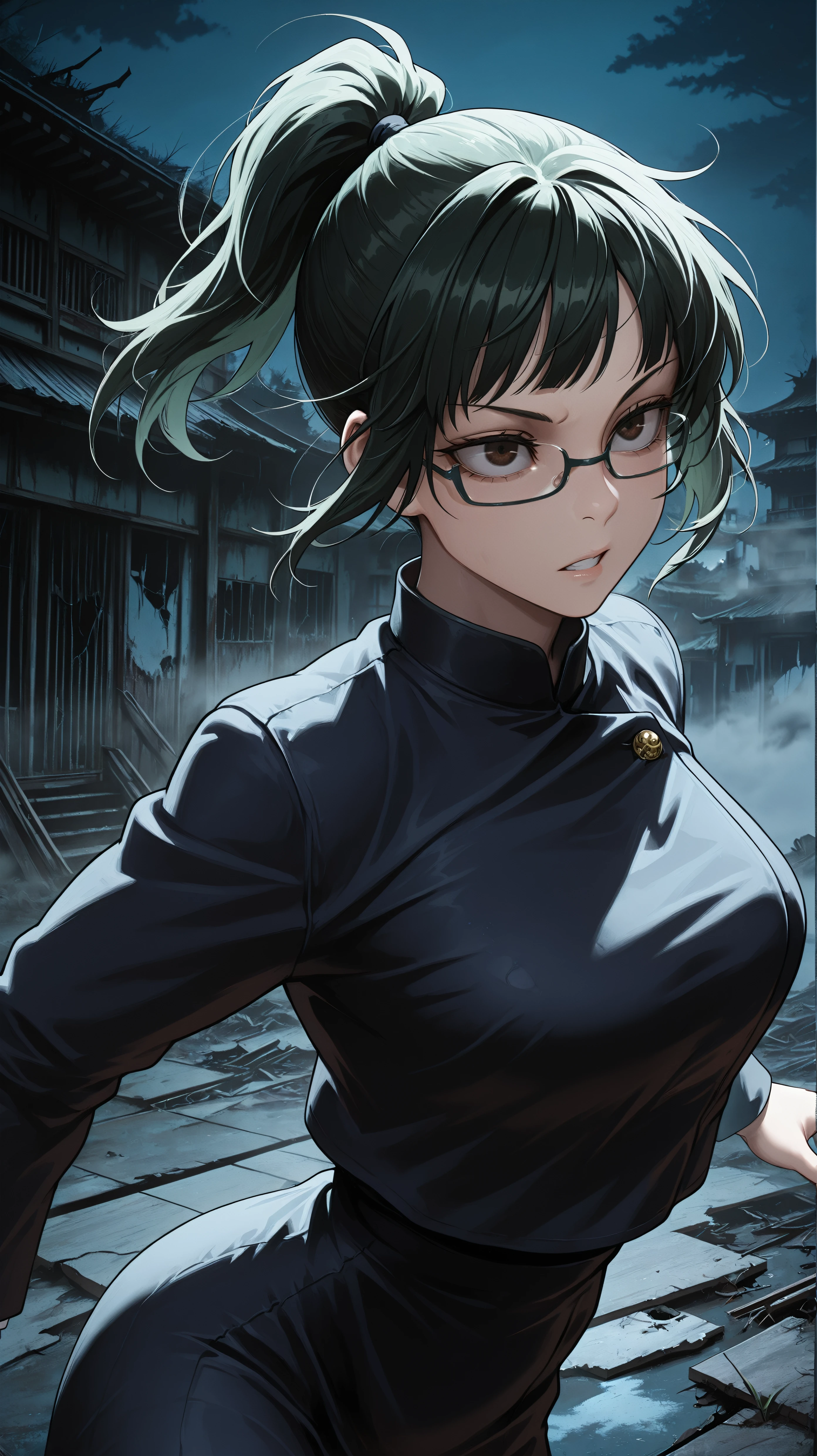 masterpiece, best quality, amazing quality, girl, dynamic pose, in ecstasy, <lora:Maki Zenin - Illu-000004:0.8>, dark green hair, ponytail, glasses, brown eyes, blue jacket, blue skirt, jujutsu tech uniform, abandoned building, fog, mist, night, east asian architecture, night time,