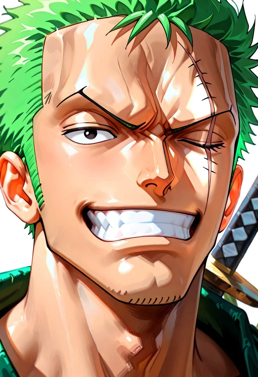 masterpiece, best quality, newest, absurdres, highres, FantasyCardd-V1.0, 1boy, Zoro /(one piece/), green hair, one closed eye, one eye open, scar over eye,