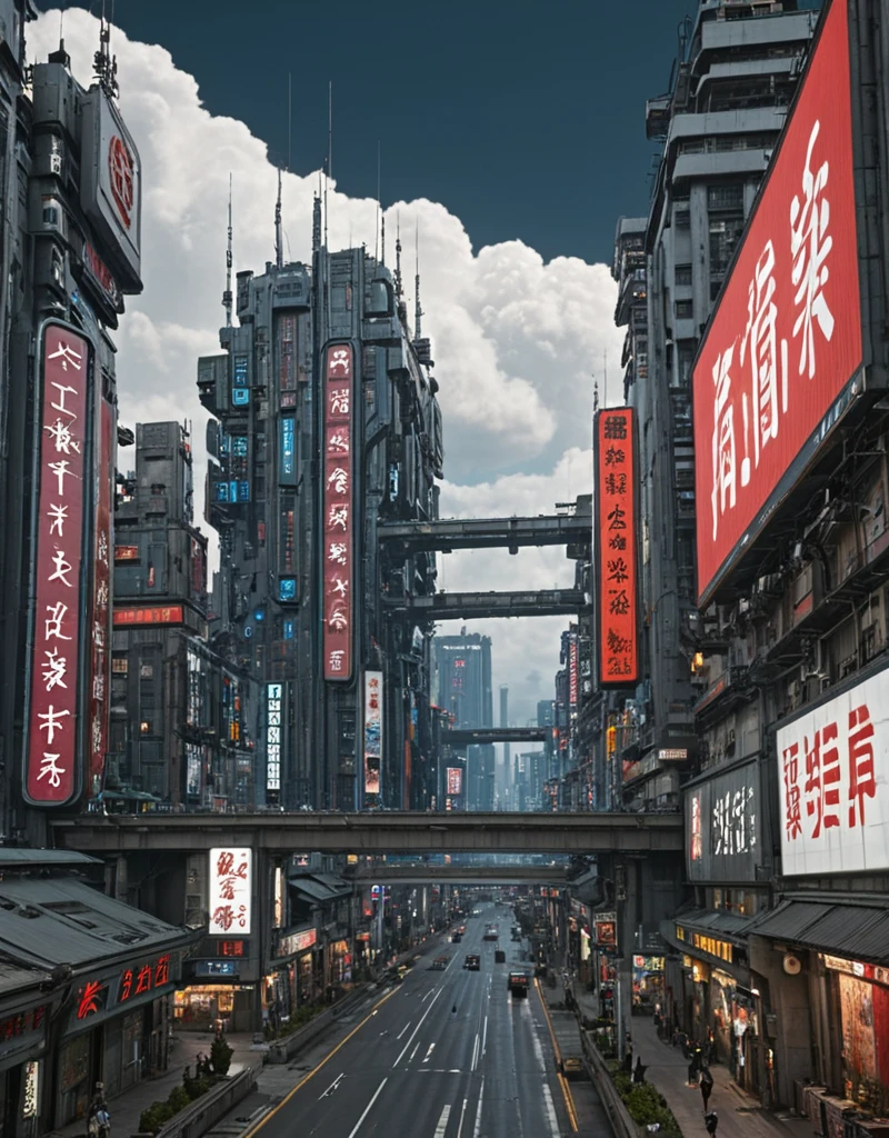 <lora:City_Worlds-1:1> realistic photo of citybkg, cyberpunk, ambiance, day, clouds, very detailed, design buildings, mega structures, futuristic, side view, high buildings, illuminated, city lights, billboards on buildings, street, signs, shops, illuminated, kanji, bridges, from side