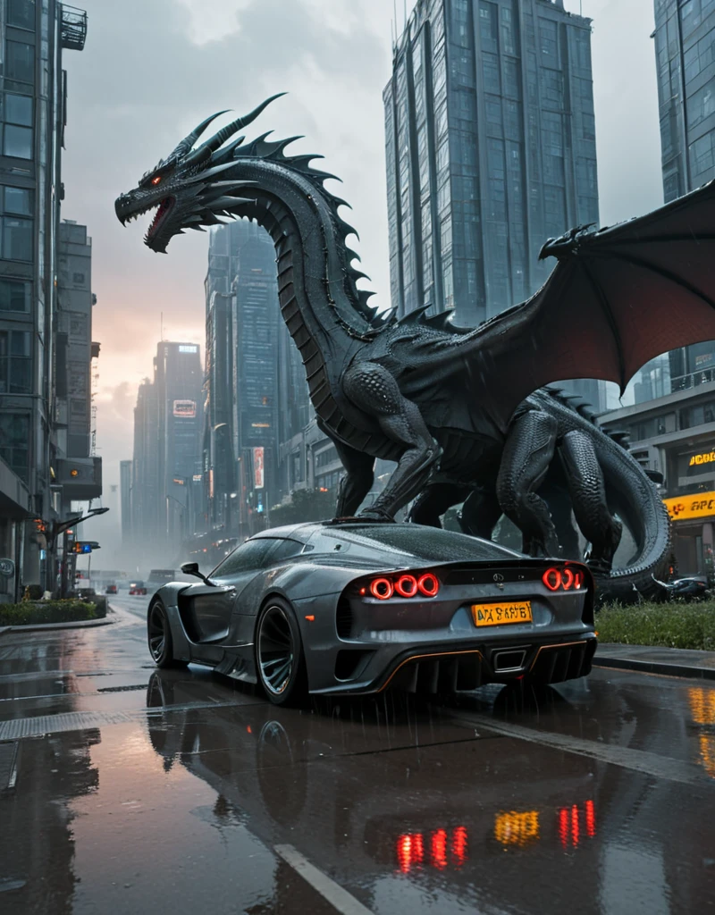 <lora:City_Worlds-1:1> realistic photo of citybkg, cyberpunk, day, clouds, sunny, ambiance, detailed, futuristic, street, high buildings, houses, vegetation, ambiance, day, clouds, very detailed, design buildings, futuristic, very low side view, high buildings, illuminated, city lights, reflections, car rear, mist, motion blur, speed, wet, rain, sunset, huge dragon looking at viewer,