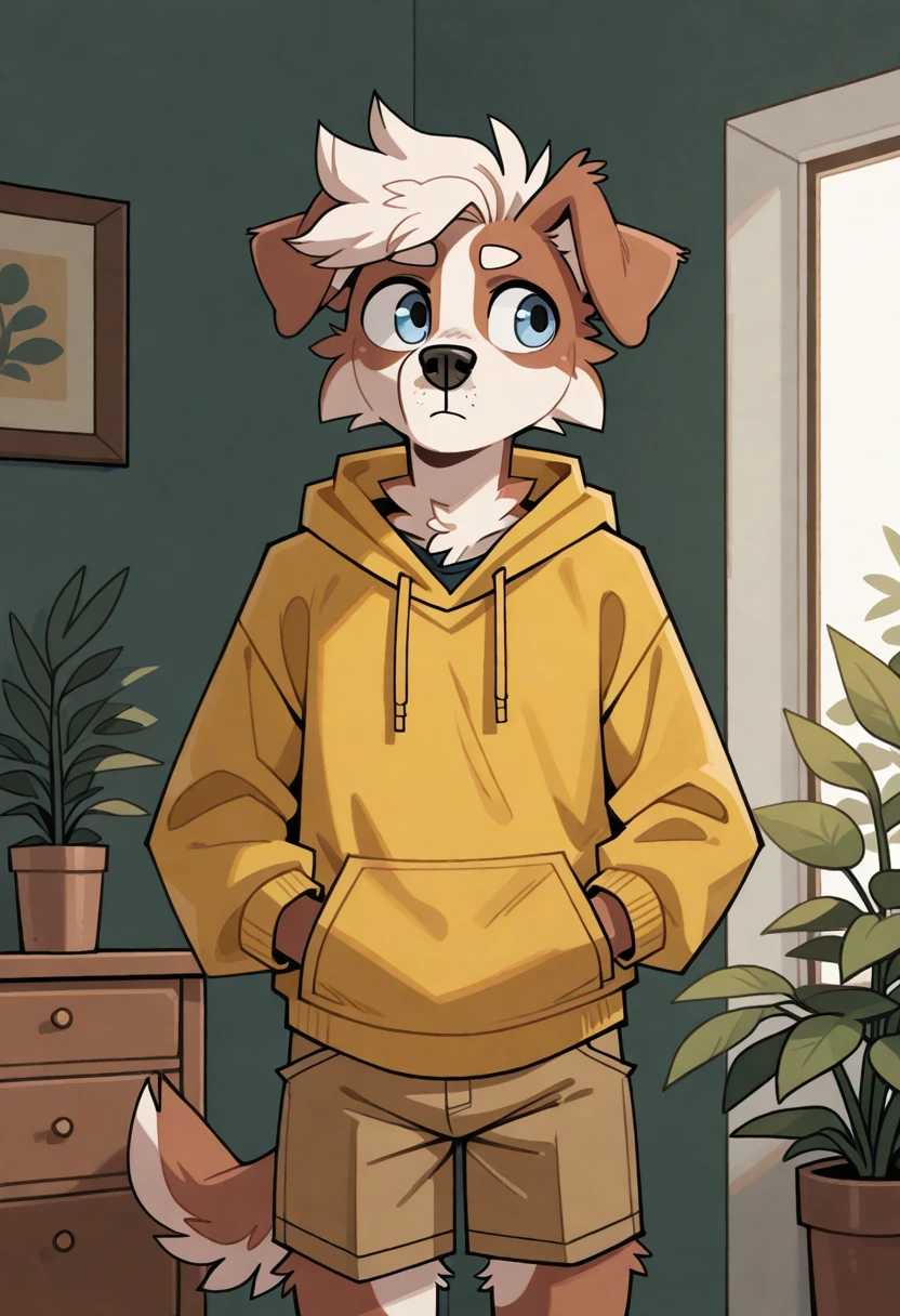 best quality, amazing quality, very aesthetic, absurdres, newest, michi_(oc), by cocadope, room, plants, BREAK
furry, 1boy, solo, furry male, male focus, furry, animal ears, floppy ears, dog boy, yellow hoodie, brown shorts, <lora:Cocadope_style_Illustrious:1>, <lora:Michi_OC_Illustrious:0.7>