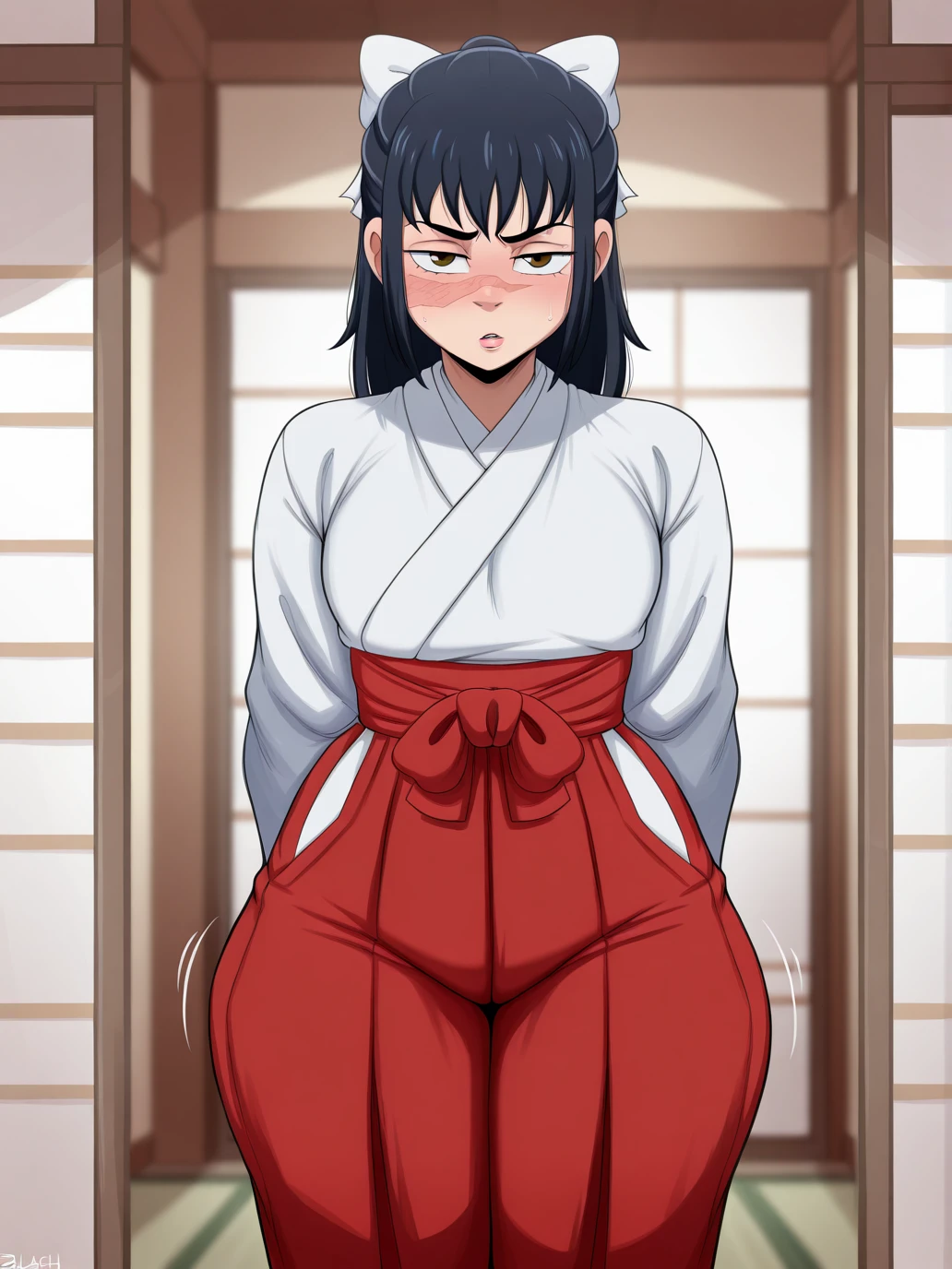 (masterpiece, amazing quality, best quality), <lora:blackwhiplash(bwl)-guy90-Illust-Lycorisv1:1>, blaash, motion lines,
<lora:UtahimeIL:1>, iori utahime, 1girl, solo, long hair, black hair, ponytail,
skirt, hakama, hakama skirt, red hakama, red skirt, long skirt, japanese clothes, miko, bow, hair bow, brown boots, looking at viewer,
scar, scar on face, scar on nose, brown eyes,