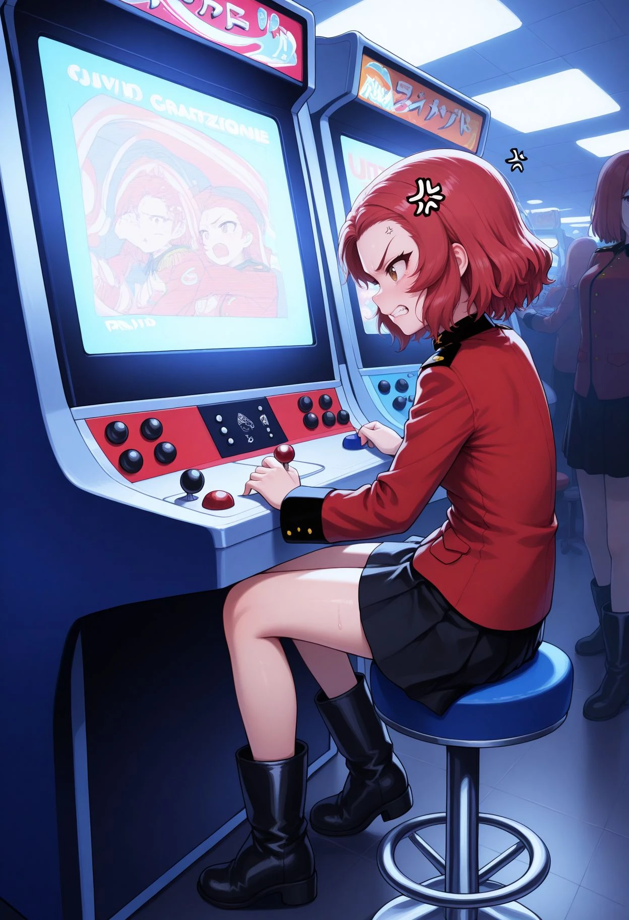 masterpiece,amazing quality,best quality,ultra-detailed,8K,illustration, amazing quality, newest, absurdres, realistic, (monochrome:0.8), hatching (texture), vivid colors ,perfect body, perfect face, rim lighting, 
<lora:Rosehip  illu:1> rsdef, 1girl, red hair, brown eyes, short hair,
st. gloriana's military uniform,epaulettes,red jacket,long sleeves,black skirt,boots,black footwear,, arcade, arcade cabinet, indoors, joystick, playing games, sitting, stool, looking at screen, from side, anger vein, clenched teeth