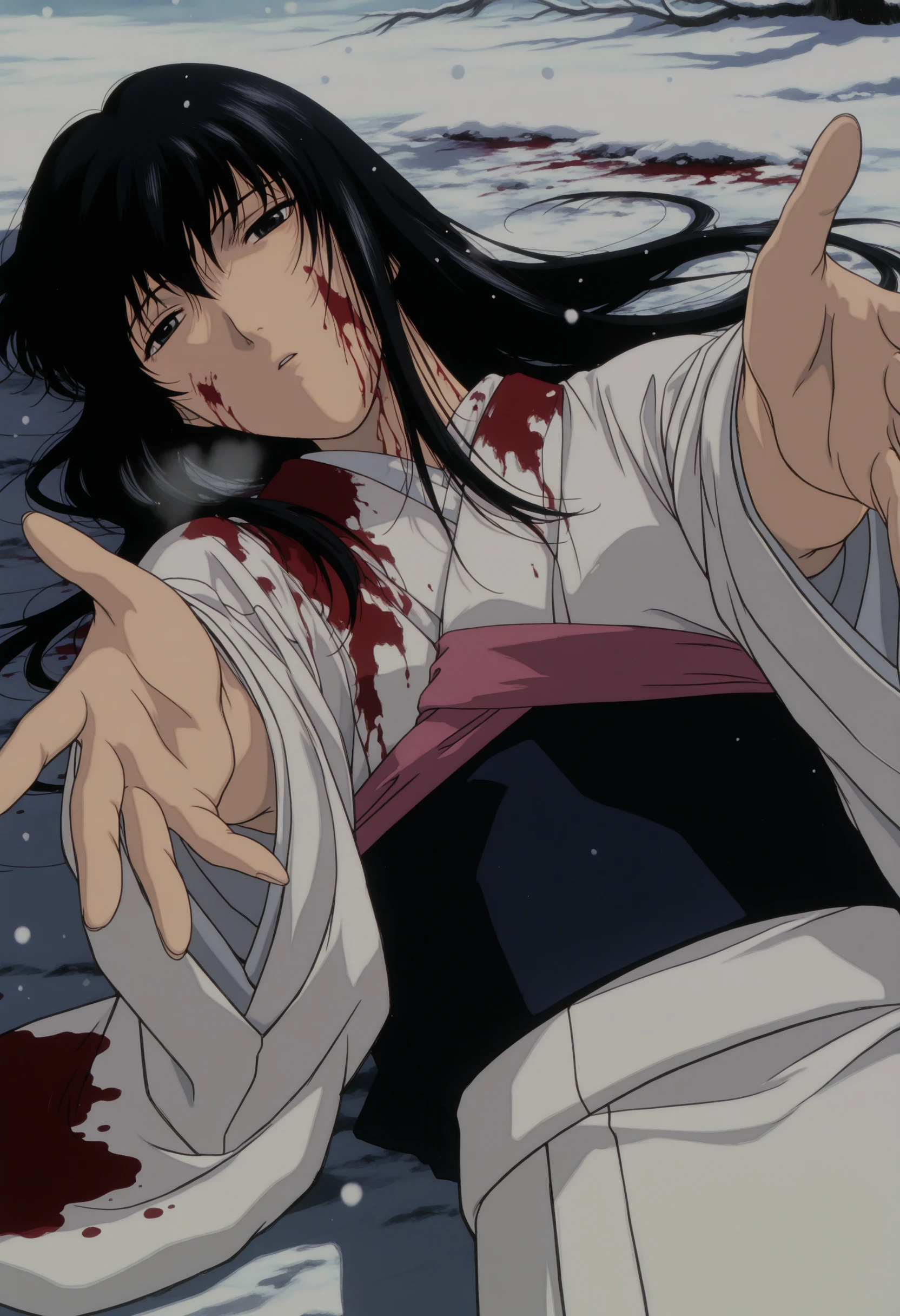 masterpiece, best quality, very aesthetic, absurdres,
yukishiro tomoe, 1990s \(style\), 1girl, solo, black eyes, long hair, black hair, japanese clothes, white kimono, blood on face, blood on clothes, day, lying, half-closed_eyes,snowing, outstretched arms,reaching towards viewer,
