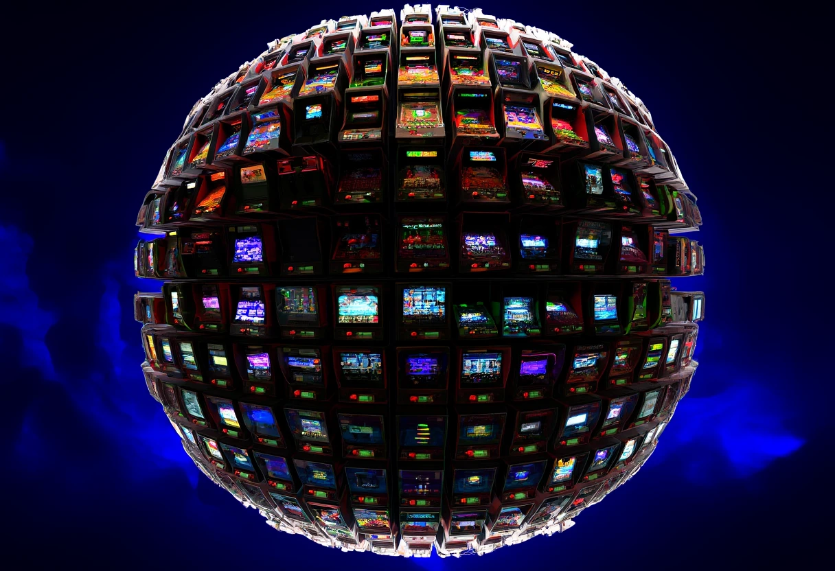 a massive planet-sized sphere covered in arcade cabinets
 <lora:schnell_simulacrum_v130_e8-step00000950:1>