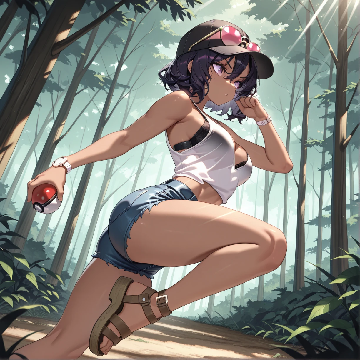 masterpiece, best quality, absurdres, very awa,
WSina, action pose, holding pokeball,
denim shorts, pink-tinted sunglasses, sandals, white wristwatch, white tanktop, baseball cap, black bra, eyewear on headwear,
from front,
forest, trees, sunlight,