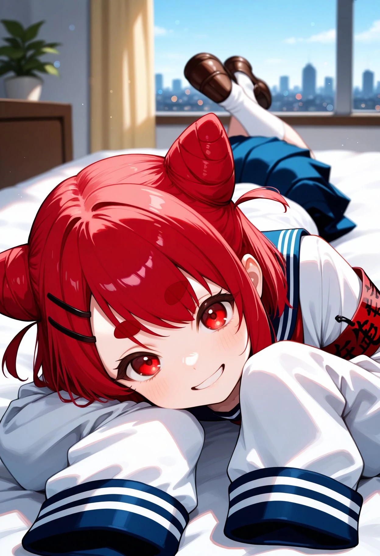 masterpiece, best quality, high resolution, absurdres,
,depth of field,blurry background,cityscape,bokeh,
<lora:nekoyamada neko illu:1> 1girl, red hair, red eyes, thick eyebrows, hairclip, hair ornament, double bun, cone hair bun, short eyebrows, school uniform, serafuku, white shirt, sleeves past wrists, blue sailor collar, long sleeves, sleeves past fingers, pleated skirt, armband,
,bedroom, bed, indoor,solo focus, shoes, looking at viewer, socks, lying, ,parted lips, loafers, close portrait, grin,