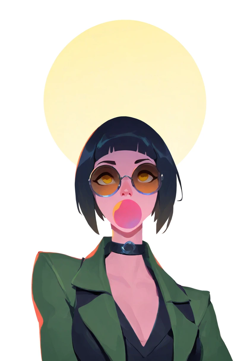 sevenseven, masterpiece, vivid, gradient, smooth, semi-realism, high res image, best quality, detailed face, detailed eyes, pupils, solo, mathilda from leon, green jacket, black vest, black round sun glasses, choker, (bobcut:1.1), white background, blowing bubblegum, facing viewer,