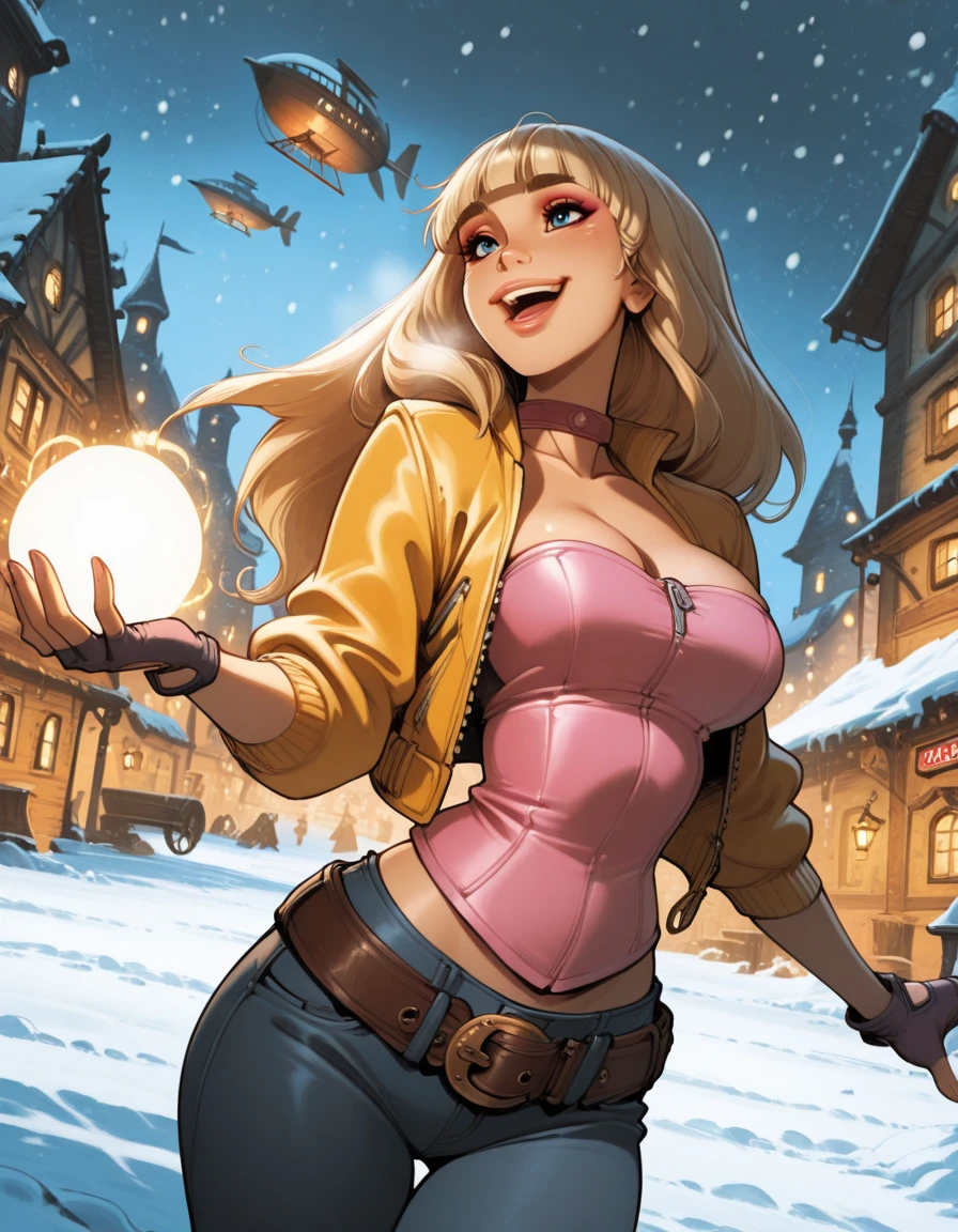 masterpiece, best quality, 1girl, solo, absurdres,
fourmille,
long hair, blonde hair, blue eyes, blunt bangs, thick eyebrows,
Gloves, loose belt, pants, fingerless gloves, choker, jeans,yellow jacket,strapless,pink tube top,
Pretending to box, dutch angle ,
snowing, snow, ,
smile, happy, open mouth,
village, airship, city,
large breasts,
lips, eyelashes, eyeliner,
neon lights, glowing, dim_lighting, magic,
blurry background,
embedding:SmoothQuality,
