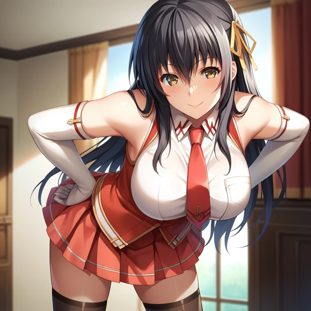 masterpiece, best quality, very aesthetic, absurdres, 1girl, mature_lady, ,,sento isuzu, amagi brilliant park, yellow eyes, antenna hair, long brown hair, ponytail, hair intakes, medium breasts, hair bow, bare shoulders, red vest, sleeveless, white neck ribbon, black pleated skirt, frilled miniskirt, slim thighs,,in bedroom,floating_clothes,covered_nipples
