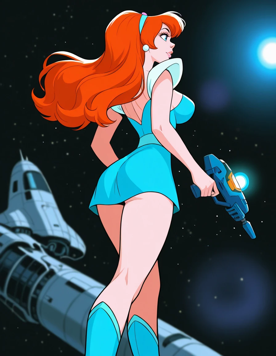 old pulp scifi novel cover BREAK 1girl, (coral owl sniper:1.3), full body, pastel brown hair, side ponytail,Coiffed Waves, , , small breasts, wide hips, tall, perfect hourglass figure,skindentation, (denim shorts:1.2) [:casual costume design:0.2], (dark skin:1.3) BREAK retro futuristic girl in a sexy space suit,alien sludge,salty old space captain,reptilian alien<lora:EnvyPulpScifiXL:1.4:1.4:lbw=ALL>
