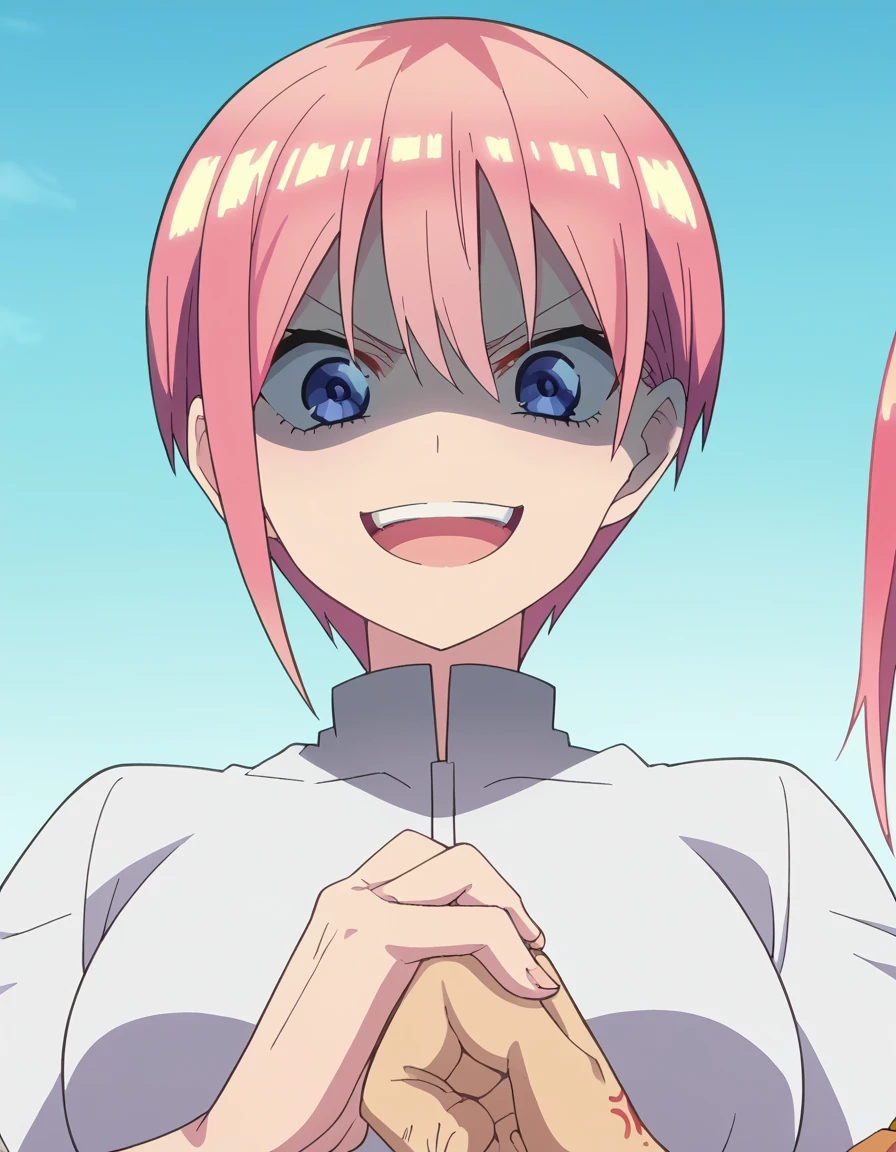 score_9, score_8_up, score_7_up, source_anime, <lora:ichika-nakano-s2-ponyxl-lora-nochekaiser:1>, ichika nakano, short hair, bangs, blue eyes, hair between eyes, pink hair, pixie cut, large breasts, anime screencap, <lora:cracking-knuckles-ponyxl-lora-nochekaiser:1>, cracking knuckles, shaded face, open mouth, looking at viewer, looking down, fist in hand, own hands together, anger vein, false smile, ,