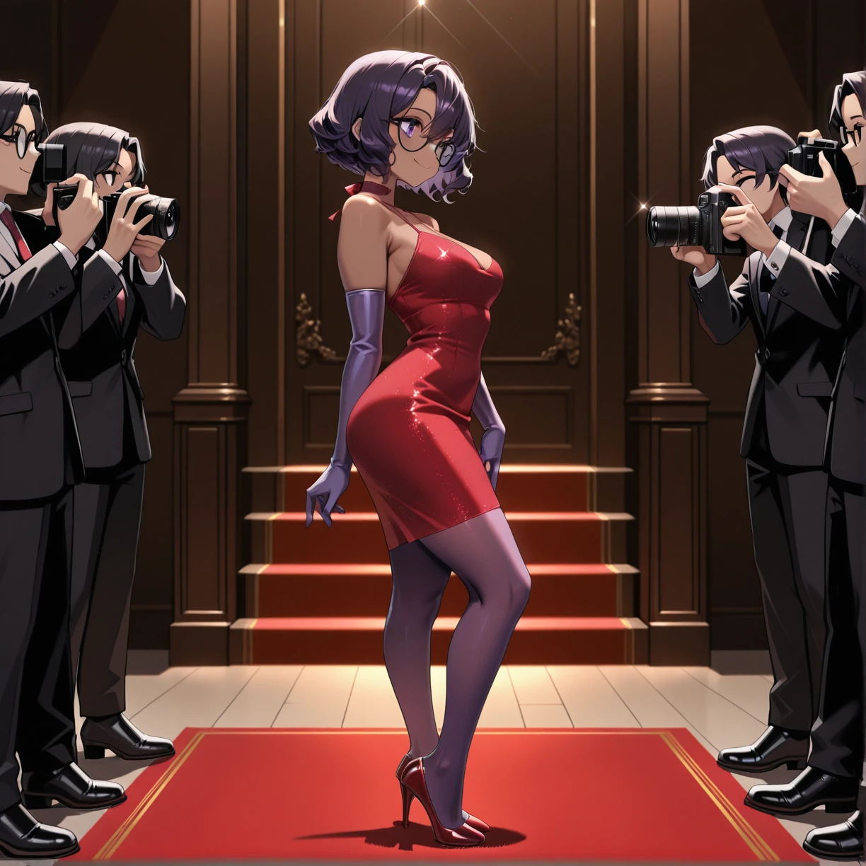 masterpiece, best quality, absurdres, very awa,
WSina, smile, posing for picture,
purple elbow gloves, red pencil dress, black-framed glasses, red high heels, purple pantyhose,
from front,
red carpet, paparazzi, camera, camera flash,