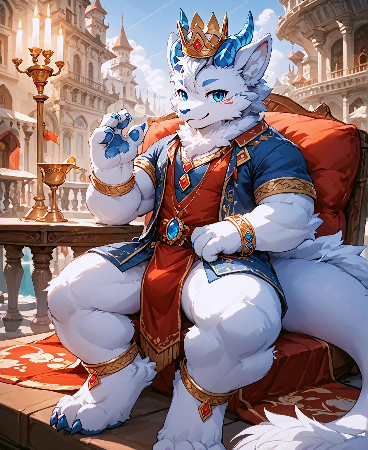 score_9, score_8_up, score_7_up, score_furry, type furry normal, 2025 Furry Animal, Kemono, Fursuit Furry, Fursuit Muscular, Fursuit dragon, solo,(furred dragon),mature,male,((white fur)),wing,fluffy furs,dragon horns,blue_eyes,cat's eye,tail,handsome,sitting,toe claws,digitigrade,blue pawpads,anklet,bracelet,pendant,clothing details,epic,mgaical,Fantasy,floating_island,Cinematic Lighting,cirrocumulus,perfect lighting,(best quality),(masterpiece),(ultra detailed),sharp focus,(detailed eyes),depth of fieldExtremely gorgeous metal style, Metal crown with ornate stripes, Various metals background, Sputtered molten iron,Clothes made of silver, Clothes with gold lace, flowing gold and silver, everything flowing and melt, flowing iron, flowing silver, lace flowing and melt.