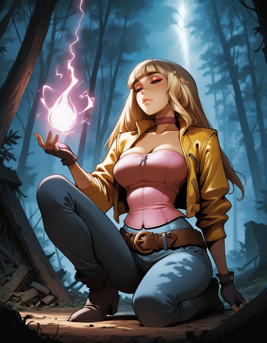 masterpiece, best quality, 1girl, solo, absurdres,
fourmille,
long hair, blonde hair, blue eyes, blunt bangs, thick eyebrows,
Gloves, loose belt, pants, fingerless gloves, choker, jeans,yellow jacket,strapless,pink tube top,
Kneeling with one knee up, high up , ruins, forest,
storm, ,biting own lip, half-closed eyes ,
large breasts,
lips, eyelashes, eyeliner,
neon lights, glowing, dim_lighting, magic,
blurry background,
embedding:SmoothQuality,