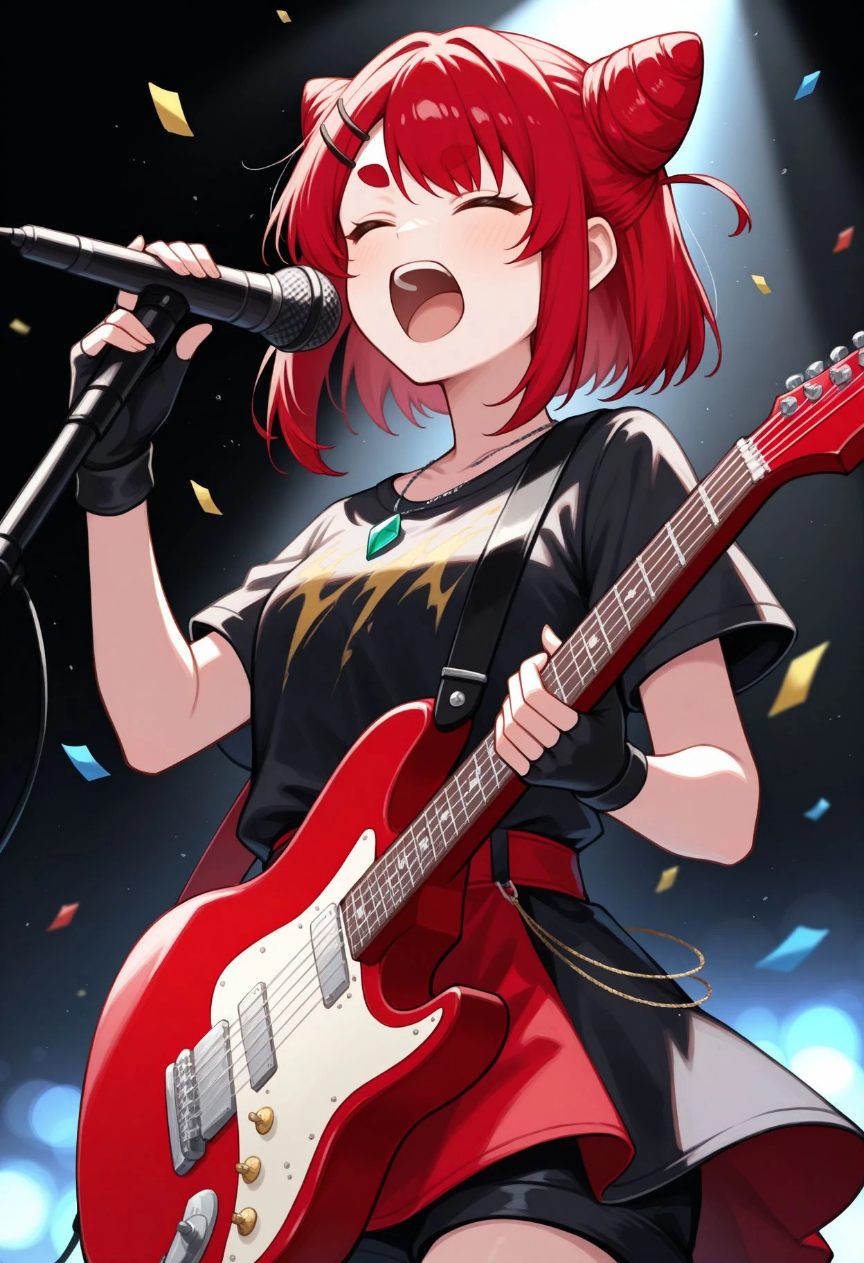 masterpiece, best quality, high resolution, absurdres,
,depth of field,blurry background,bokeh,
<lora:nekoyamada neko illu:1> 1girl, red hair, red eyes, thick eyebrows, hairclip, hair ornament, double bun, cone hair bun, short eyebrows,
holding instrument, music, microphone stand, electric guitar, fingerless gloves, black shirt, playing instrument, official alternate costume, jewelry, red hair, black gloves, singing,, black skirt, short sleeves, open mouth, black background, necklace, shorts, red skirt, confetti, live concert, rock music, metal music, headbanging, holding microphone, closed eyes, screaming, spot light,