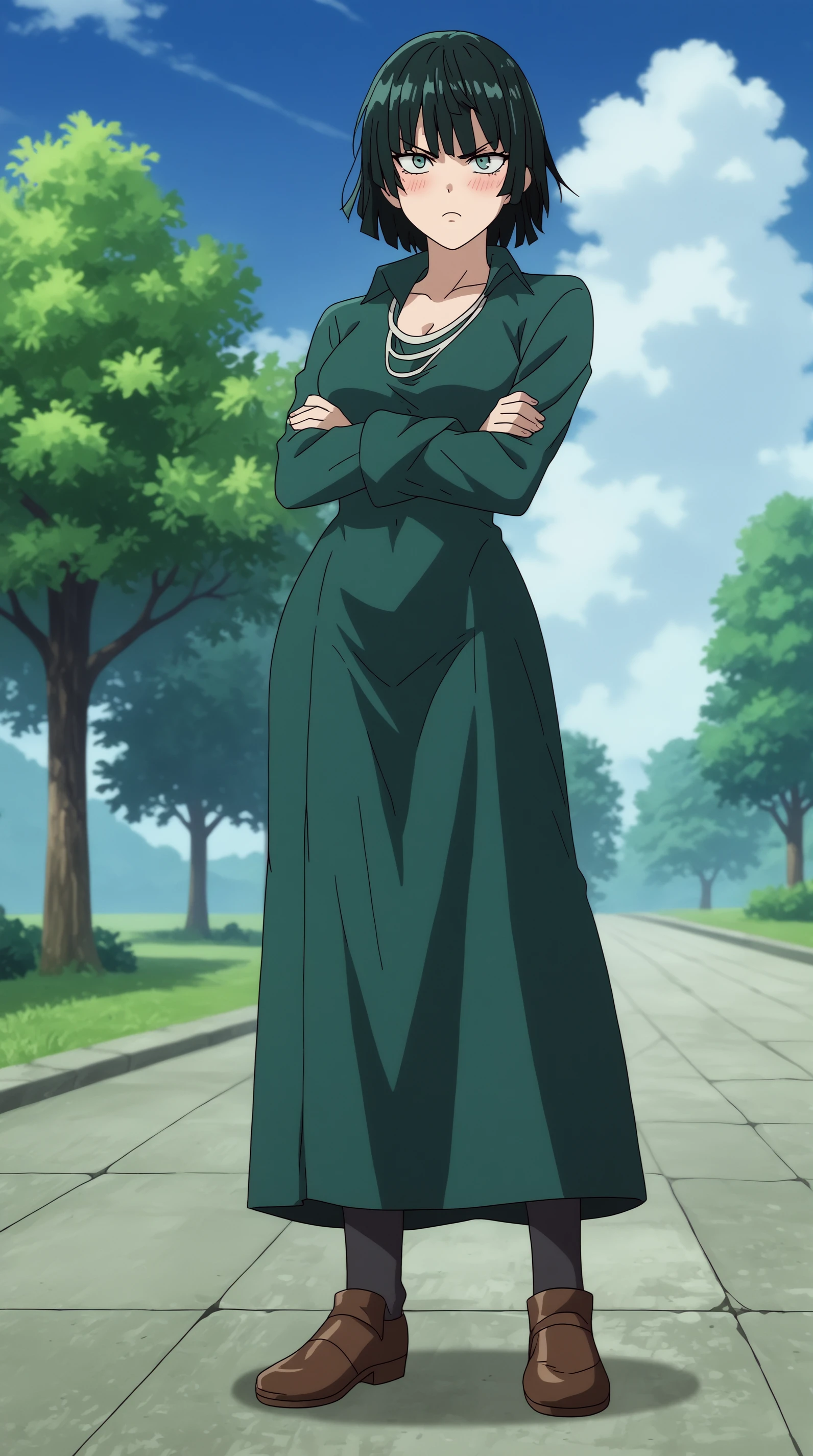 score_9, score_8_up, score_7_up,anime_source, source_anime, best background, detailed background, anime screencap, 4k, upscale, Fubuki, Main Outfit, solo, looking at viewer, standing, full body, crossed arms, outdoors, tsundere, blush, <lora:JN_Fubuki_Pony:0.8>
