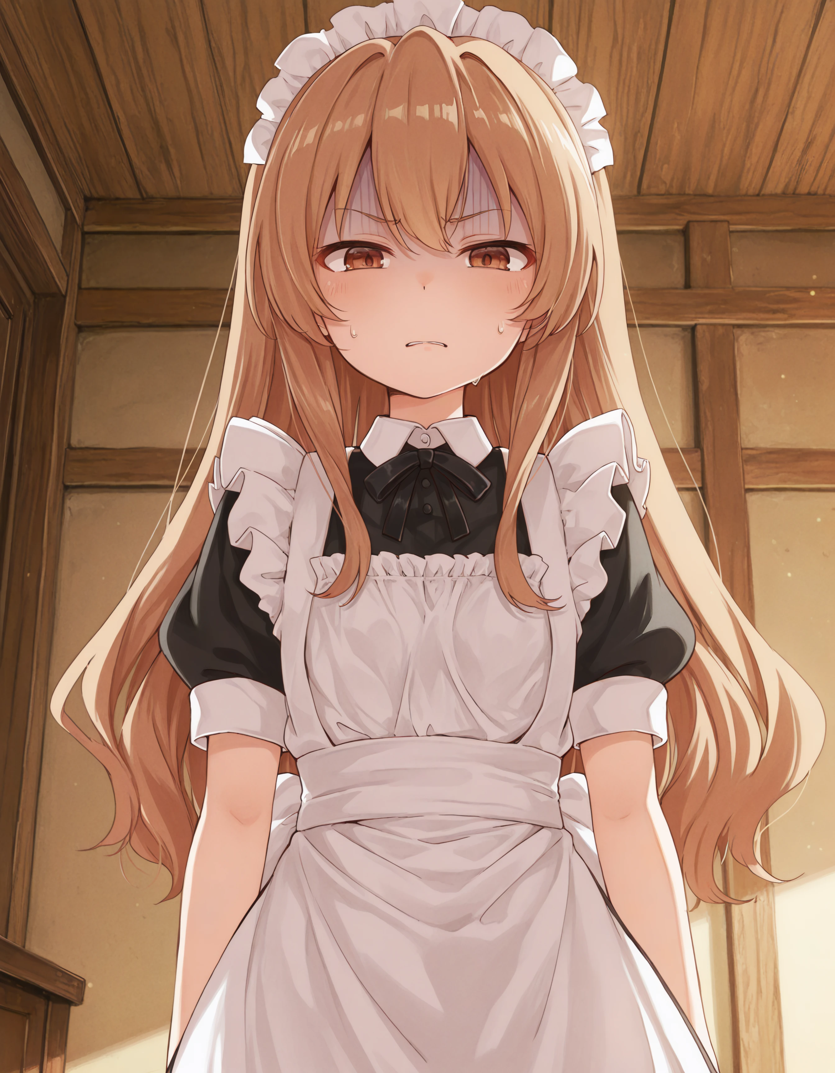 1girl, brown eyes, school uniform, tagai, light brown hair, long hair, looking at viewer, sweatdrop, parted lips, turn pale, disgust, maid uniform, head wear, ultra kawaii, hdr, low contrast,
masterpiece, best quality, absurdres, masterpiece, highres, perfect anatomy, anime style, anime screenshot, 8k wallpaper, ultra high quality, (extremely detailed cg), perfect lighting, (sharp image), dynamic angle