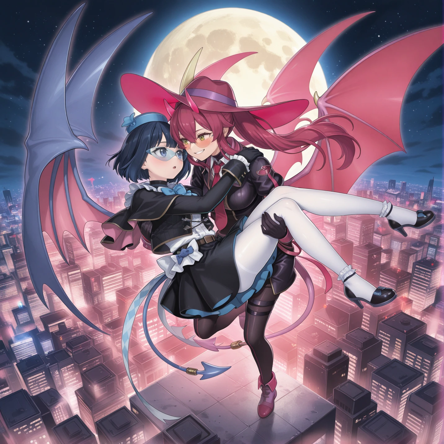 (diorama,miniature,isometric),white background,from above,<lora:Isometric Concept illuXL v1.2:0.6>,outdoor,
phantom thief,2girls,princess carry,moon,yuri,flying,cityscape,official art,smile,evil twin ki-sikil,purple demon wings,purple demon tail,red necktie,twintails,purple skirt,purple large hat,purple gloves,purple cropped jacket,orange-tinted eyewear,black bodystocking,purple high heel boots,pink demon horns,night sky,evil twin lil-la,blue bowtie,blue demon tail,blue demon wings,white frilled shirt,black frilled skirt,black jacket,blue mini hat,white pantyhose,blue-tinted eyewear,black high heel boots,black gloves,full body,masterpiece,best quality,amazing quality,very aesthetic,absurdres,newest,<lora:Evil Twin illuXL v1:0.7>,